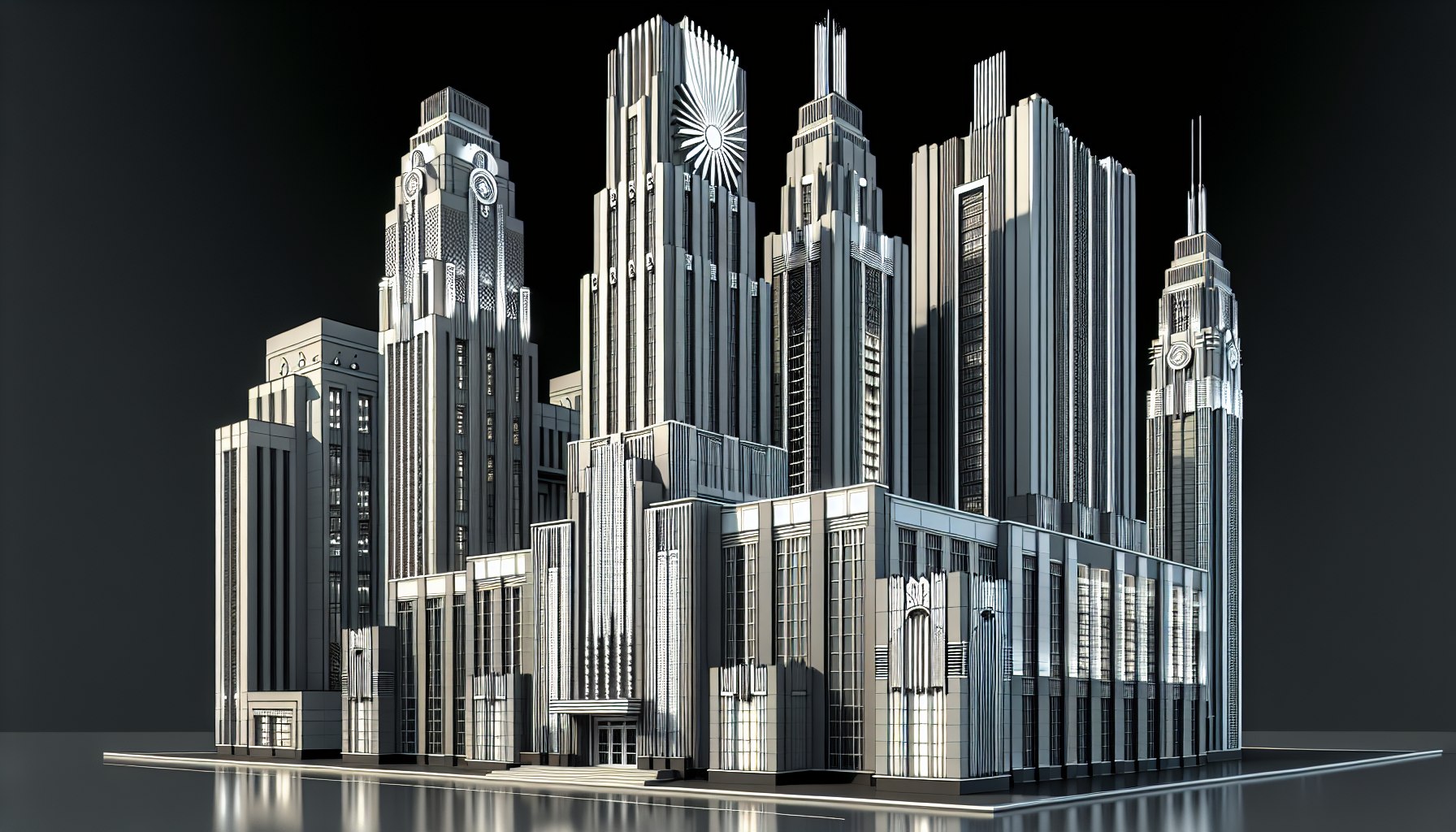 Art Deco architecture: modern skyscrapers with 1920s geometric patterns, vertical lines, stepped facades, chrome accents, sunburst motifs, cinematic lighting, ultra-realistic.