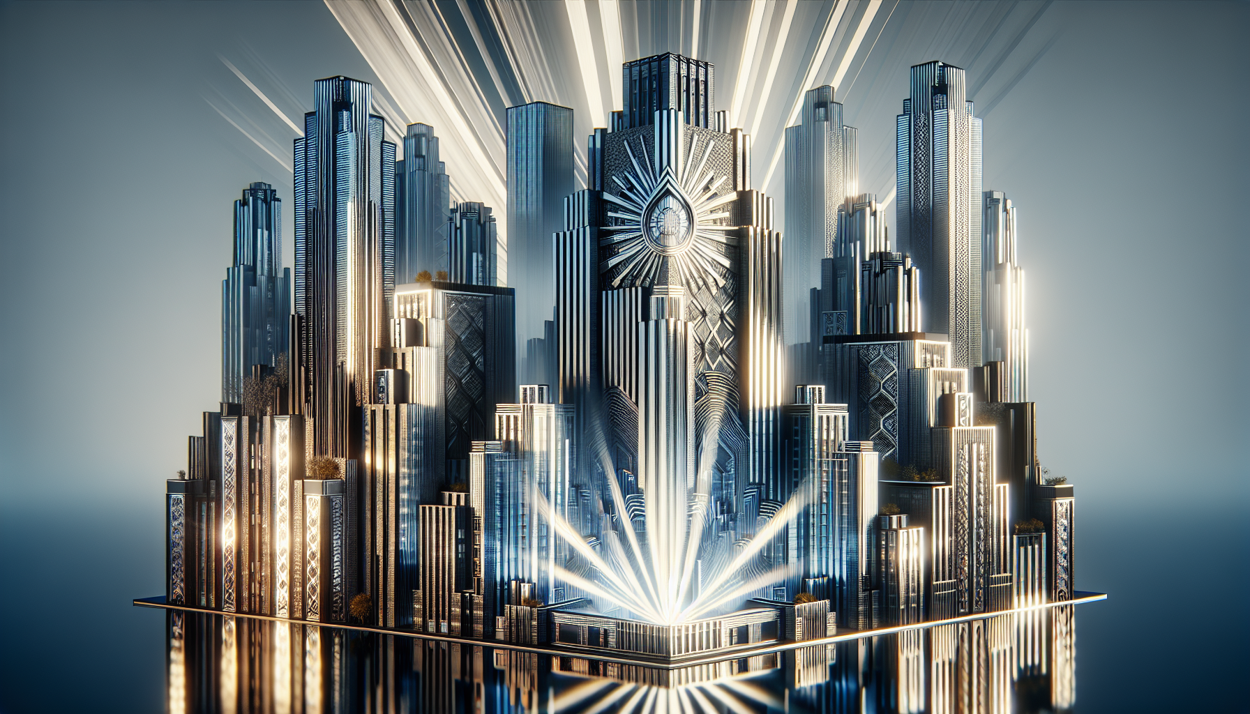 Art Deco architecture: skyscrapers with 1920s geometric patterns, vertical lines, stepped facades, chrome accents, sunburst motifs, cinematic lighting, ultra-realistic.