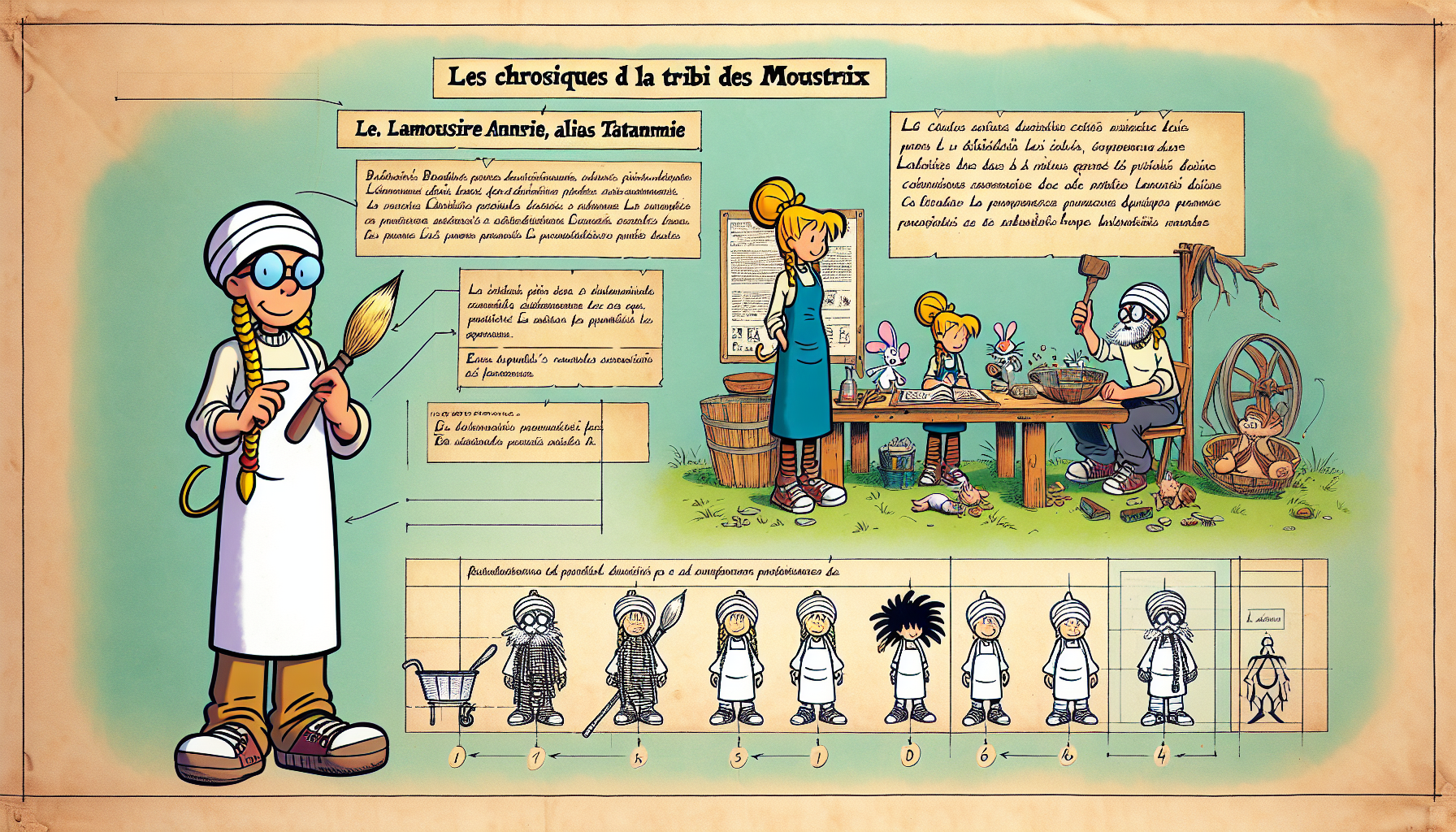 
🎯 PROMPT ULTRA-CIBLÉ – RECONSTRUCTION LOCALE (ZONE PAR ZONE)
Garder l'enluminure de la première photo fourni sans lettre fantôme a l’intérieur 
Utiliser la deuxième image fournie comme base pour le placement des personnages
 Ne modifier que les zones décrites ci-dessous. AUCUN autre changement n’est autorisé. Ne pas déplacer les personnages existants, ne pas changer leur pose, leur forme, leur luminance, leur style, ni leur contours. Préserver 100 % du style Astérix, de la texture parchemin, des couleurs et de la composition générale.

🔧 ZONES À MODIFIER
🟦 ZONE 0 — Titre
* Corriger le titre : « les chroniques de la tribu des moustix »
* Ajouter un sous-titres : Lamoussière Anne-Marie, alias TataMamie
* Enlever le nom de l'auteur en bas de page

🟦 ZONE 1 — TataMamix (tête uniquement)
* Transformer la tresse actuelle en chignon sans toucher au reste des cheveux.
* Ne pas modifier le casque, les lunettes, le visage, ni l’expression.
* * * * * * * * * Faire apparaître son nom sur son tablier de couleur claire 
* Ne rien changer d’autre.
🟦 ZONE 2 — Bernardinetta (tee-shirt uniquement)
* Supprimer le prénom inscrit sur son tee-shirt.
* Supprimer le prénom inscrit à côté de Tatamamix
* Repeindre proprement la zone du tee-shirt dans le même style.
* Ne pas modifier son visage, ses cheveux, sa robe, ni ses proportions.
🟦 ZONE 3 — Texte au-dessus de Bernardinetta
* * * * * * * * * * * * * * * * Ajouter « Bernardinetta » juste au-dessus d’elle, dans le même style manuscrit que les autres noms. C’est le seul endroit où cette inscription apparaît 
* Pas d’autres décorations.
🟦 ZONE 4 — Sacamalix 
* Conserver le mouvement, la planche à roulettes, les traits de poussière.
* Écrire son nom à côté de lui
* Supprimer le prénom inscrit sur son tee-shirt.
* Repeindre proprement la zone du tee-shirt dans le même style.
* Ne modifier ni son visage ni son attitude.
🟦 ZONE 5 — Ajout d’un nouveau personnage : Francescus
* Ajouter à droite de TataMamix, entre TataMamix et le bord droit :
    * Un homme gaulois musclé, barbu, style Astérix
    * Debout, simple pose
    * Sans chaudron, sans skate
    * Son nom “Francescus” écrit sur son tee-shirt
    * Style, couleurs et ombres identiques au reste de l'image
* Ne pas déplacer les enfants déjà présents.
🟦 ZONE 6 — Ajout d’un nouveau personnage : Genovica
* Ajouter devant Francescus, sans recouvrir personne
* Jeune femme rousse, couronne de fleurs. Personnage entier, avec des jambes.
* Nom « Genovica » écrit une seule fois à côté d’elle
* Sans feuille qui tombe sur sa tête
* Conserver le style exact du dessin (Astérix → lignes épaisses, couleurs plates)

🧱 ZONES INTERDITES
Ne pas modifier :
* Le sanglier
* Les feuilles, instruments et décorations
* Le fond parchemin
* Le texte du titre, de l’auteur, et de la mention en bas
* Les contours existants
* La luminosité générale
* Le style du trait
* Les couleurs des vêtements
* La disposition générale

📐 FORMAT & STYLE
* Format A4 vertical
* Style peint à la main, type Astérix
* Tons ocres et rouges brique
* Pas de signature moderne



