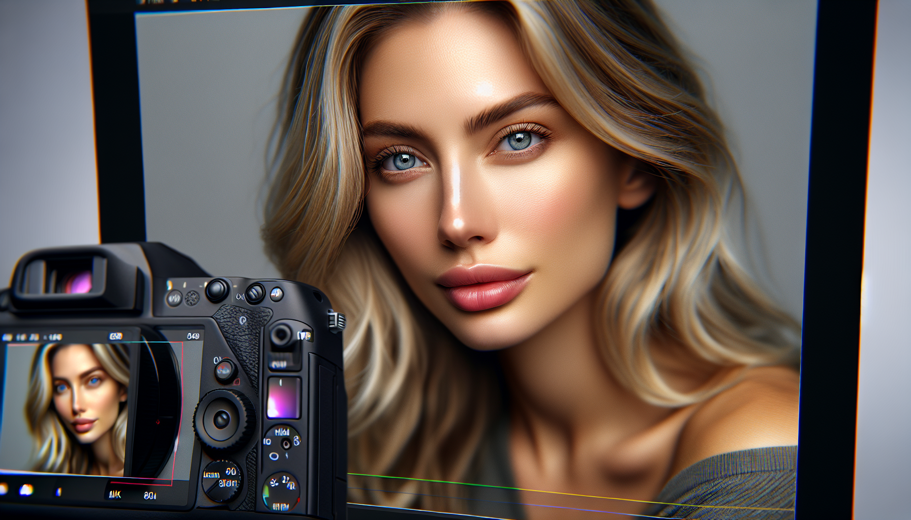 Ultra-realistic photo of a blonde woman with big breasts, photographed with a full-frame DSLR camera. Natural skin texture, sharp eyes, soft cinematic lighting. 50mm f/1.8 depth of field, detailed pores and realistic imperfections, lifelike colors, subtle shadows, highly detailed face, professional studio photography, 8K resolution, clean background, photorealistic