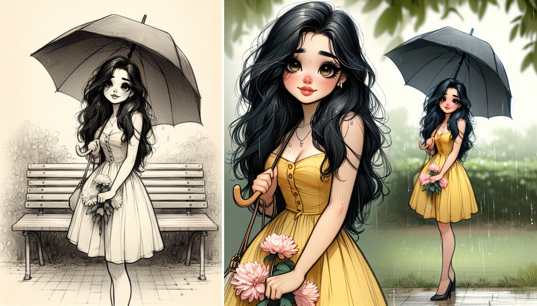 18 year old, animation style , cute , adorable, black coloured silky hair, wearing an yeallow coloured full dress one piece , teenage girl holding an umbrella in the rain ( where her hair is wet due to rain) , another her hand there is beautiful flower looking in front of side, with hope expression in the face , standing near the empty bench in the park alone , park is green. 