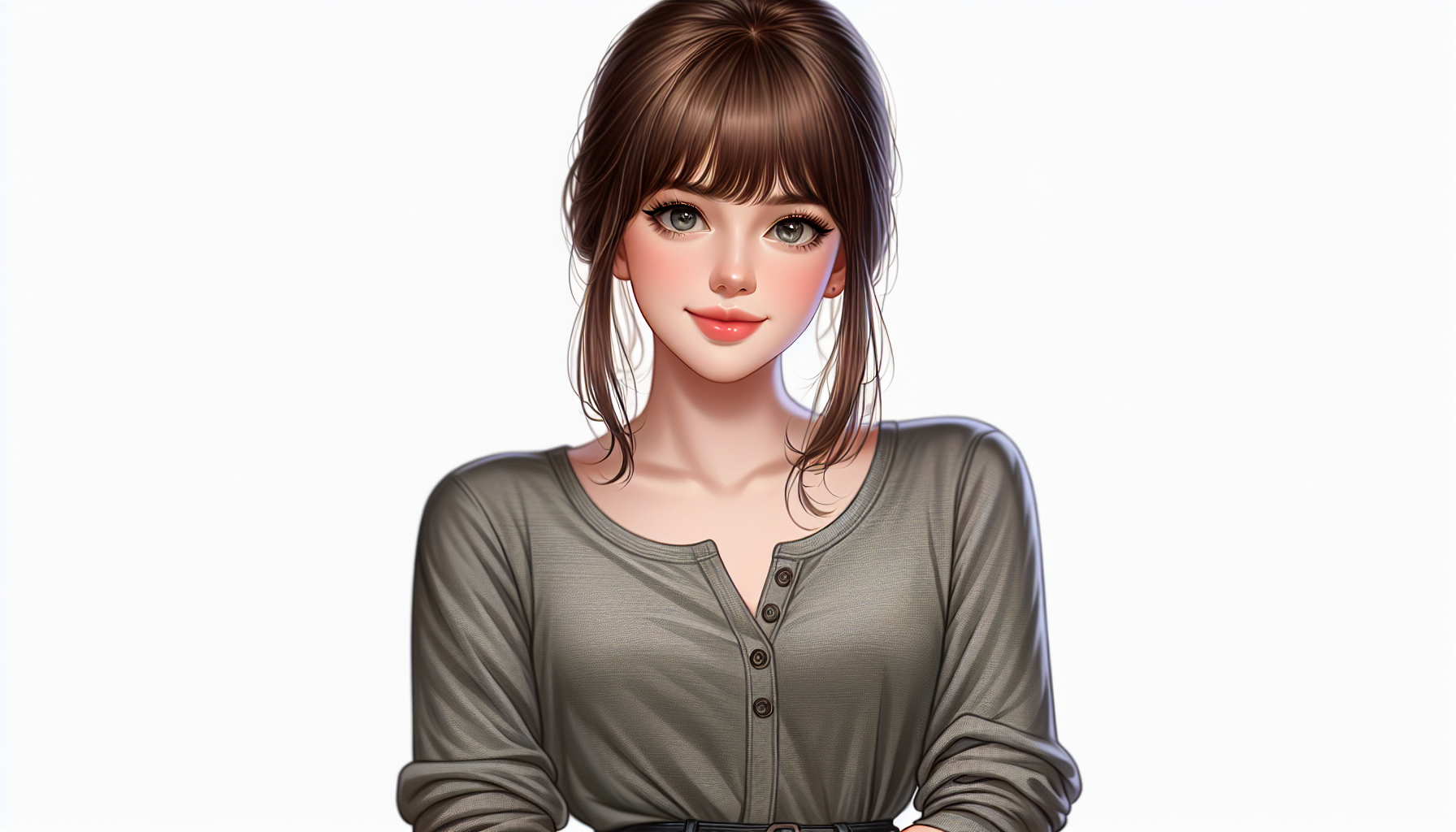 She is a 25-year-old Turkish woman, 1.70 meters tall and 55 kilograms (slim build). She has straight brown hair with bangs, styled in a bun. Her eyes are hazel, her face is oval with soft, natural lines, and her lips are medium-sized. Her skin is fair. She is wearing a gray long-sleeved, slightly low-cut buttoned shirt, with the sleeves rolled up to just below the elbows. She also has black jeans on. She is not particularly beautiful, but she has an innocent expression on her face and a very slight smile