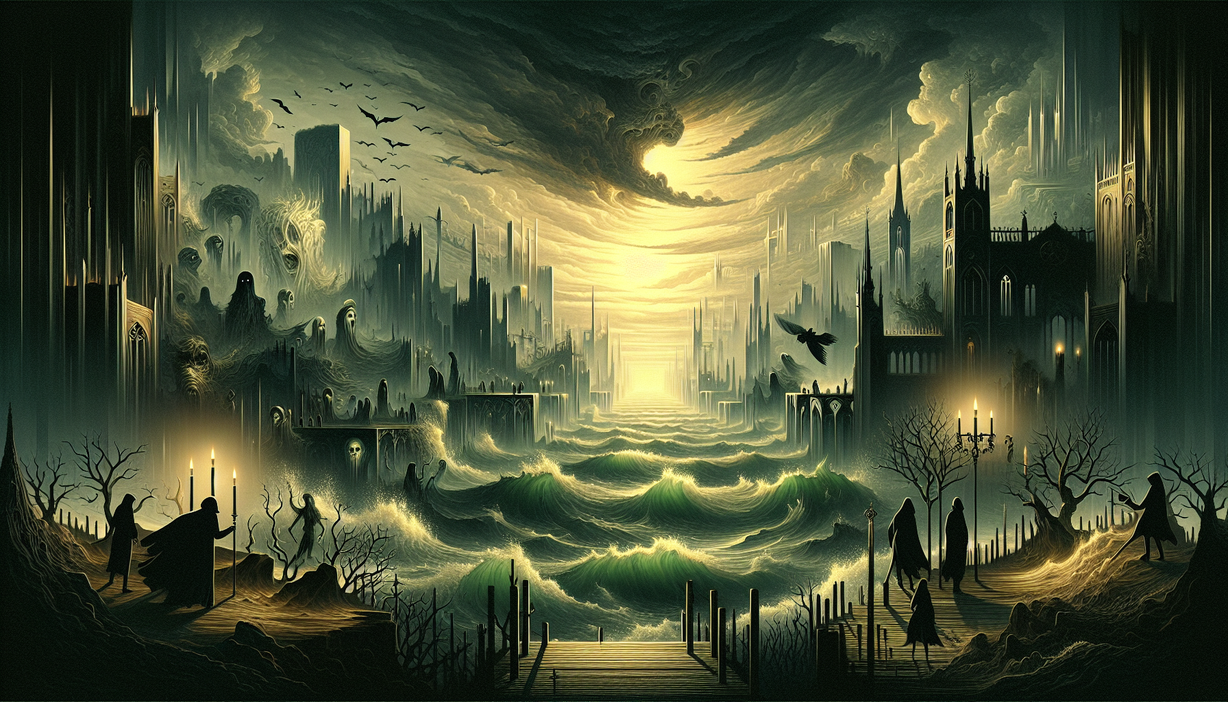 Create a digital illustration in the style of dark, stylized animation with gothic-cartoon aesthetics. Visual features: exaggerated proportions, expressive faces with sharp angular lines, elongated figures, and dramatic poses. Lighting is moody and cinematic, with strong contrasts and glowing highlights against shadowy backgrounds. Color palette: desaturated greens, eerie yellows, muted reds, smoky grays, and deep blacks, evoking a gloomy and atmospheric tone. Backgrounds should feel ominous and theatrical, with stormy skies, ruined cities, battlefields, decayed landscapes, or candlelit interiors. Composition is bold and dynamic, often with a centered or slightly off-balance framing to emphasize tension.
Depict: Wide dramatic shot of the open ocean with rough waves, gray sky, moody atmosphere, cinematic tension, documentary style.
Keep the style strict: cartoon-gothic dark animation, painterly shading with clean digital brushwork, slightly textured but not photorealistic, no modern 3D CGI look, no clutter. High-resolution, consistent finish.
