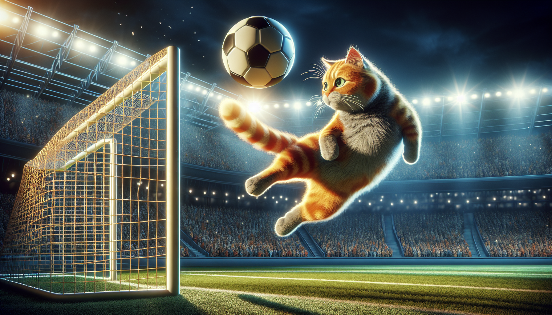 A hyper–realistic orange cat performing a professional football kick, shooting the ball into the top corner of a stadium goal, slow-motion, dramatic lighting, crowd cheering, 4K cinematic angle.