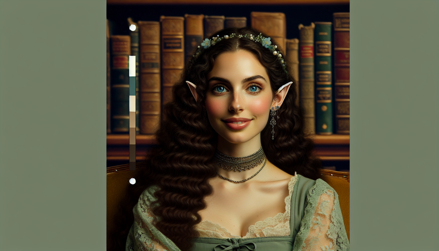create an image of the woman described below. the background should just be a simple blurred one of a library, the girl shown from elbow up. she will wear some jewellery around her neck, her hair will be gently curled and a smile will grace her lips. it should look like a homey photo, warm and photogenic. the girl will wear a lacy sage green nightgown with gloves. Height: 5’10

Weight: 86kg

Eye shape: almond, siren

Eye colour: ocean blue, specs of green

Ear type: smaller elf ears with pale blue gradient tips

Hair colour: dark chocolate brown

Hair length: barely past shoulders

Hair type: 2a, fairly curly, mostly wavy

Body hair: shaved armpits and legs

Lips: Cupid bow, gentle and soft

Physique: pear shaped body, chubby, pudgy, hip dips, soft jawline 

Skin: fairy pale

Skin texture: smooth like melted butter
