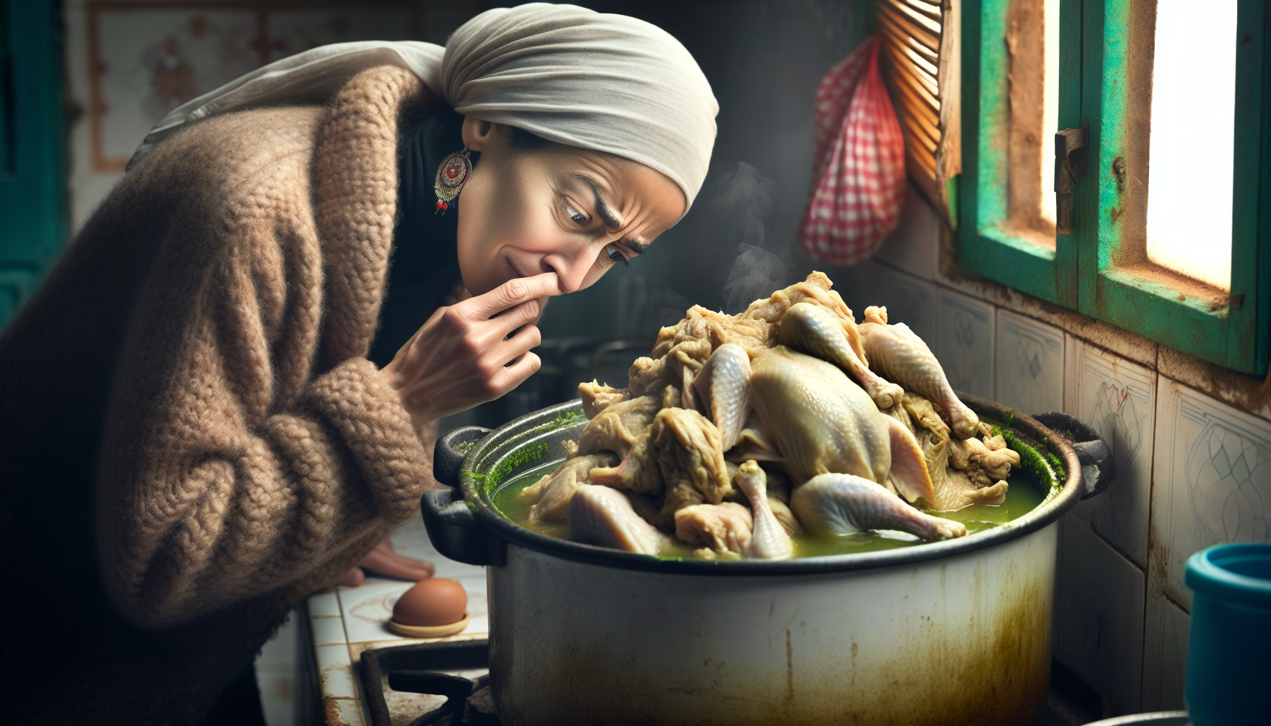 A Moroccan woman, seemingly a traditional cook, looks in a kitchen at a pot of rotten chicken and holds her nose because of the foul odor. 