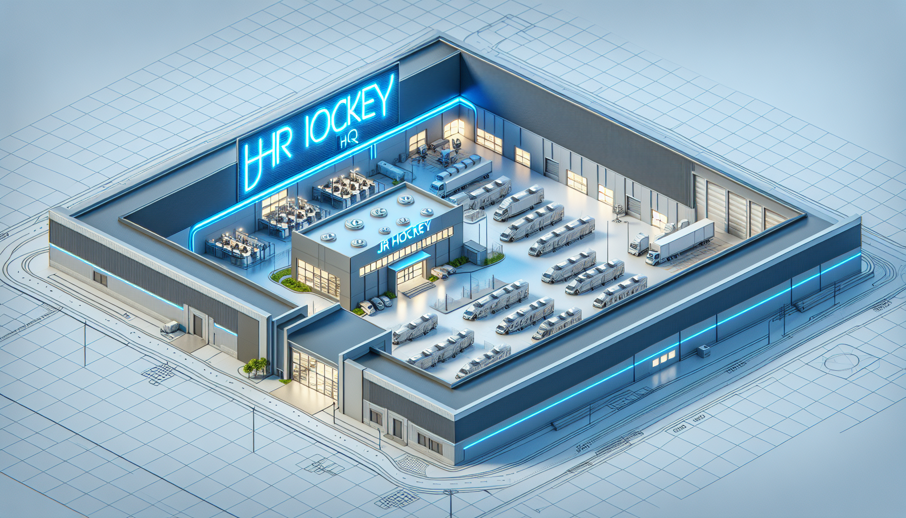 Nedesignuj my výrobní továrnu a také testovací centrum neboli HQ pro firmu JR Hockey která vyrábí hokejky. Představuju jsi to jako takovou výrobní halu která já šedá a vepředu jsou také kanceláře. Je tam také vjezd pro náklaďáky a má to celé takový moderní a čistý Look. Nahoře v rohu ja napsané JR HOCKEY HQ je to v modré svítivé led barvě. 