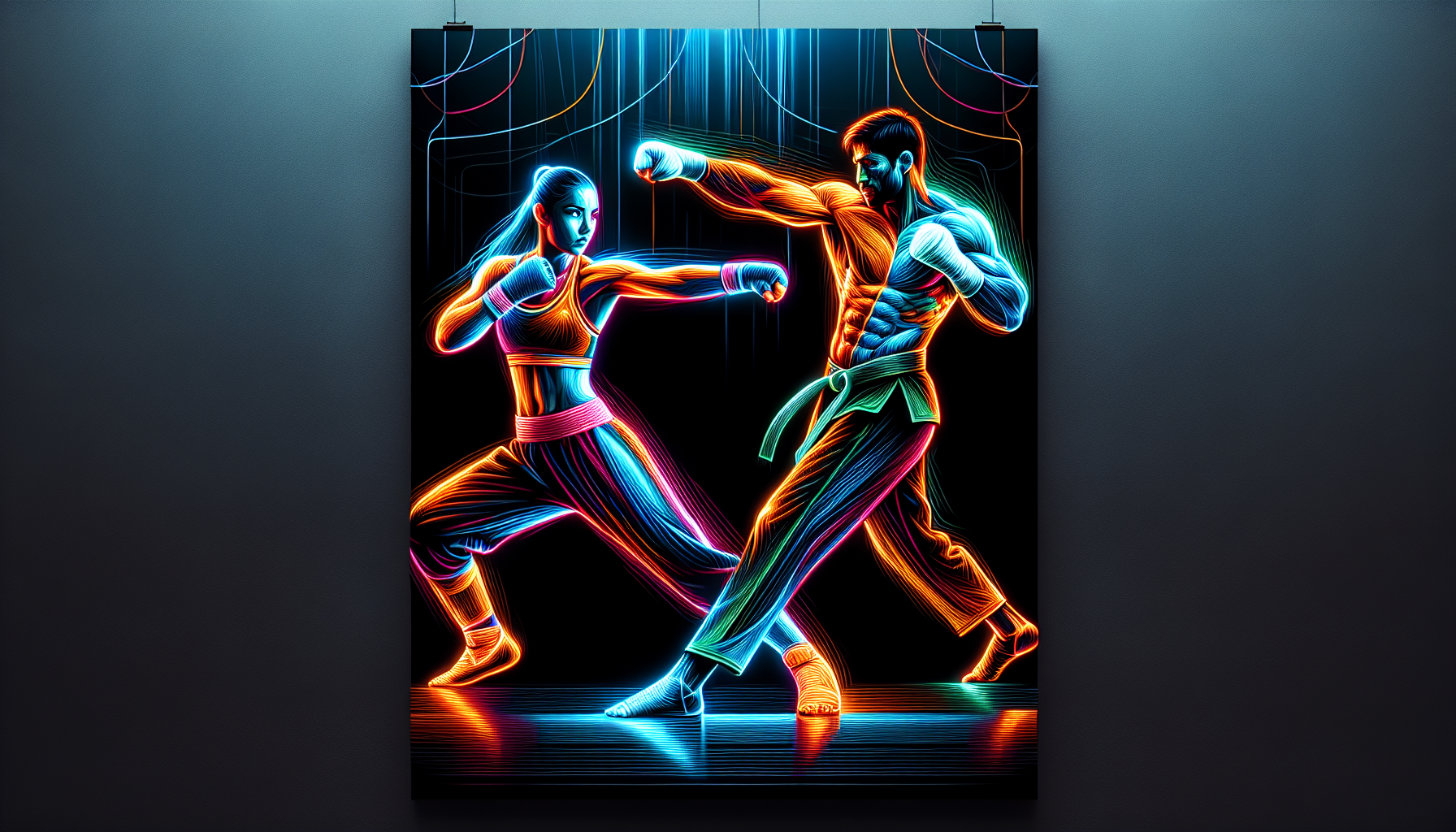 Create an A3 printable image of two martial arts masters in an epic yet realistic style that can represent kickboxing, Budokai, mixed martial arts, and contact sports in general. It needs to have a black background so the masters are clearly visible, but also in a modern, bright, and colorful style with neon lines. It will be for a gym poster, so it needs to have modern and eye-catching lines to attract customers