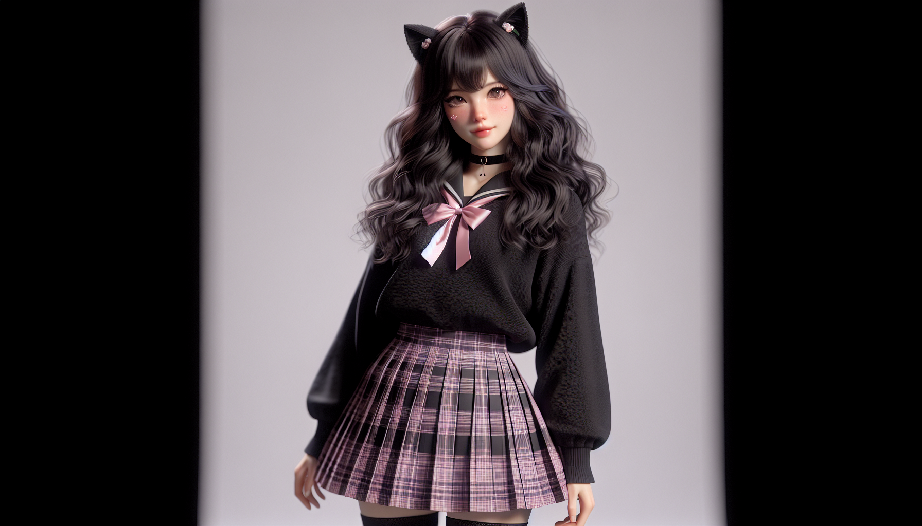 Chica joven con apariencia de cosplayer y estética kawaii gótica. Tiene un cuerpo curvilíneo natural y proporcionado, mostrado de forma moderada y respetuosa. Lleva orejas decorativas de gato hechas de tela, cabello oscuro y ondulado, y maquillaje suave con detalles rosados en las mejillas. Viste un suéter negro de manga larga y una falda plisada de cuadros rosados estilo colegial. Usa medias oscuras que cubren bien las piernas y un choker negro elegante como accesorio de cosplay. Su expresión es tierna y tranquila. La iluminación es suave tipo fotografía de estudio, ambiente interior minimalista. Estilo mezcla de realismo con toques de anime, detalles cuidados en la ropa, cabello, texturas y sombras. Imagen estética, moderada y gótica kawaii