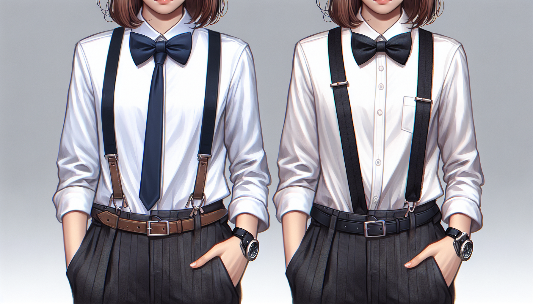 Dziewczynka w garniturze z muszką i szelkami i paskiem 