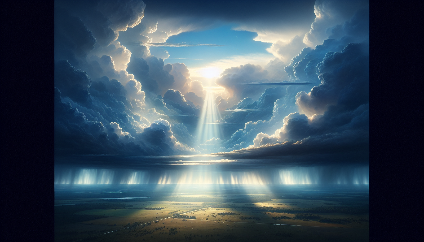 Clearing skies after a storm; shafts of light descend on calm land, healing calm, 16:9.