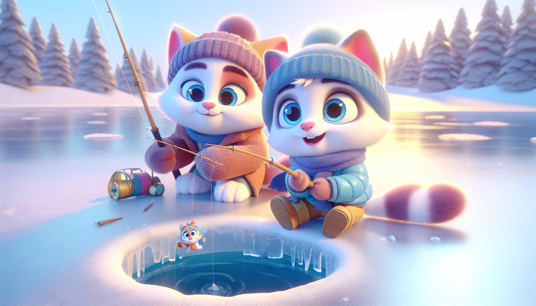 gata mujer humanoide,estilo caricatura 3d, madre e hijo, con aspecto adorable, ojos grandes y expresivos, pelaje suave, colores pastel, sentados junto a un agujero en el hielo, con ropa de invierno, pescando en un lago congelado de fondo, iluminación brillante, estilo pixar, gatos antropomórficos

