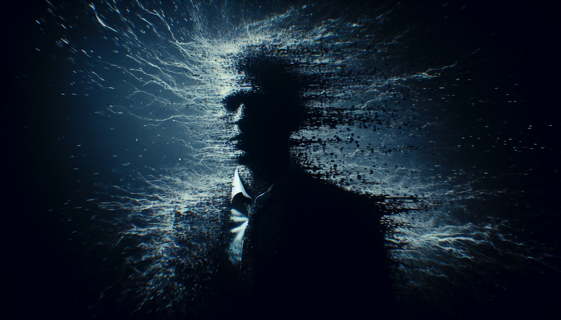 dark void, faint silhouette of unknown man dissolving into static noise, eerie atmosphere, high contrast, cinematic