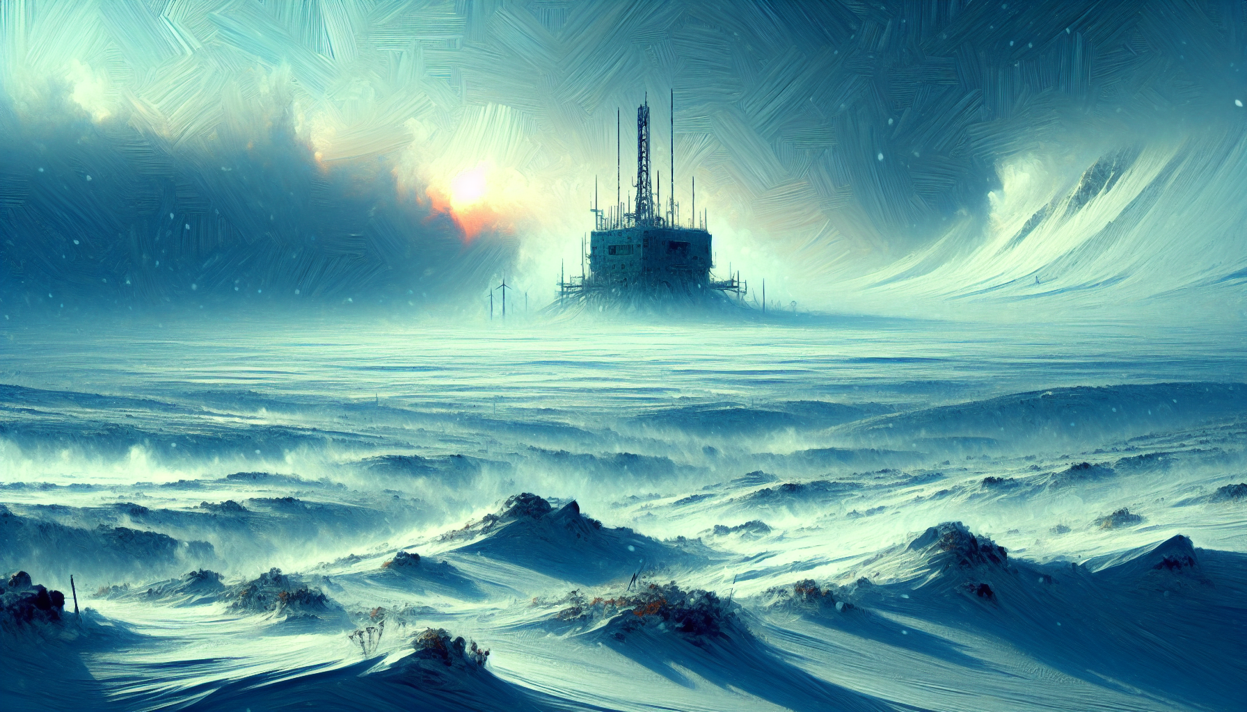 cold northern landscape, snow fog, abandoned military antenna in distance, cinematic, unsettling, wide shot