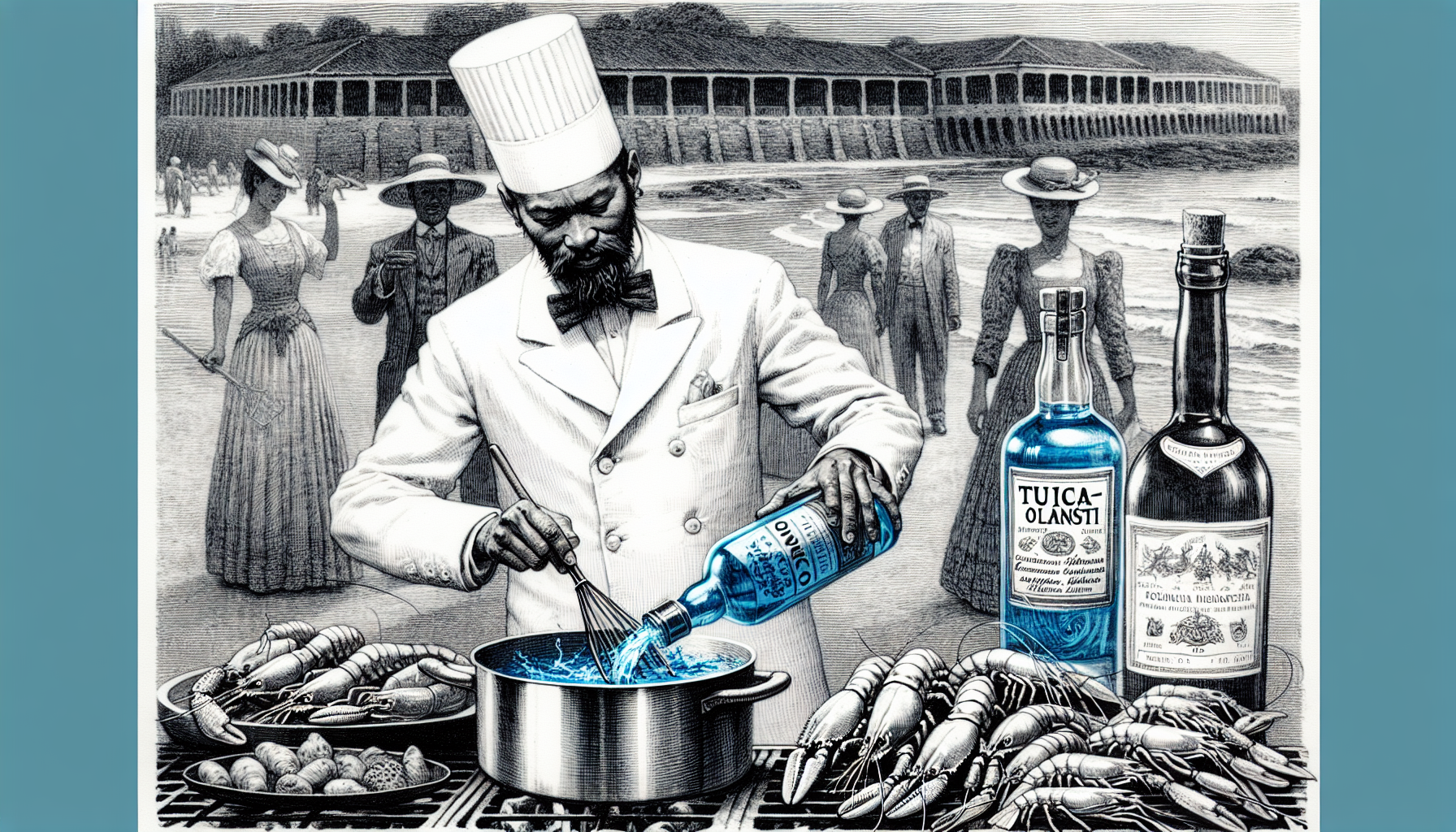 blue water, master chef with bittle called Tuica Olanesti in hand, in feont of a biv barbecue with sea foos, and few sexy lady