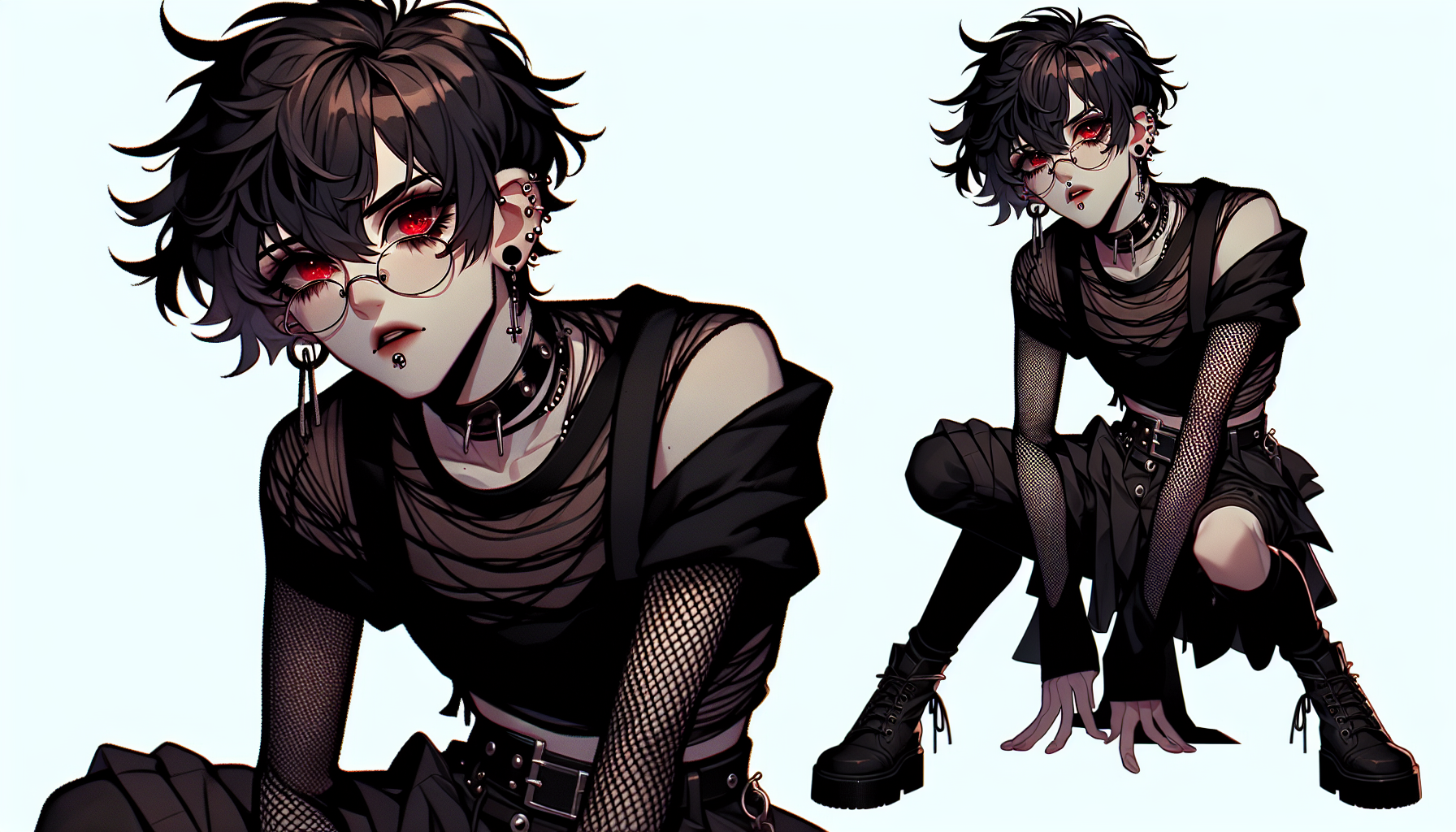 Digital illustration of a young, goth with piercings, femboy with small breasts, slim waist, wide hips and thick thighs. The femboy is in a stylized, edgy aesthetic. Drawn in a dynamic pose, he is crouching and leaning forward. he has long, dark, messy hair that partially obscures his face, the hair being styled in a spiky, voluminous manner. The top of the head has short, choppy spikes that stand up, creating a wild and edgy look. Then only in the left side the hair cascades down, becoming longer and wavy towards the ends. The overall effect is quite dynamic and untamed. he has fair skin, and heis eyes are a striking red color, accentuated by round, thin-framed glasses. His facial expression is one of slight annoyance.

He is dressed in a dark, black, gothic-inspired outfit. The outfit includes a cropped top, goth style with a layered skirt. he wears detached sleeves that extend to his elbows, and fishnet stockings on his legs. His ears are adorned with earrings.

The color palette is dominated by dark shades, primarily black and gray, with the red eyes providing a strong contrast. The background is a plain, light color, which helps to isolate the figure and draw the viewer's attention to him. The composition is angled, with the figure taking up most of the frame. The overall style is reminiscent of anime or manga, with a focus on expressive features and detailed clothing. Art by atey ghailan, painterly anime style at pixiv, art by kantoku, in art style of redjuice/necömi/rella/tiv pixiv collab, your name anime art style, masterpiece digital painting, exquisite lighting and composition, inspired by wlop art style, 8k, sharp, very detailed, high resolution, illustration.

Overall, it's an absolute world-class masterpiece painterly anime-inspired digital art. It's an aesthetically pleasing painterly anime-inspired digital artwork with impeccable attention to detail and impressive composition.