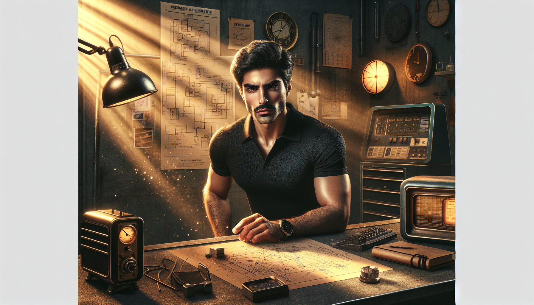 A Persian character in his mid-20s, sharp-featured with a strong jawline and a distinct, thick, well-defined mustache — the kind that instantly communicates identity, confidence, and old-world heritage without exaggeration. His expression is calm, calculating, quietly intense. He wears a fitted black polo shirt that looks simple but authoritative, sitting naturally on a lean, capable physique.

He works inside a minimalist retro garage transformed into a private headquarters — not messy, not chaotic, but intentionally stripped-down. Concrete floor, warm shadows, and a single retro desk lamp casting golden light. A few vintage elements — analog monitors, a metal tool cart, an old radio — give it a 80s–90s tech realism, without overwhelming the space.

The environment feels like the birthplace of an empire: restrained, raw, purposeful. Dusty sunlight enters through a high window, catching fine particles in the air. A large wooden desk sits at the center, scattered with notebooks, wireframes, brand sketches, and a single glowing screen showing strategic plans.

The color palette is muted and masculine — charcoal black, warm brass, weathered metal, and desaturated browns. Subtle Persian motifs appear in the background through textures in the walls or faint patterns on fabric, connecting him to legacy without being literal.

The character stands or sits in quiet focus, looking like a man rising from scarcity into sovereignty — shaped by struggle, building with intention, grounded in simplicity. The mustache remains a clear, defining feature: iconic, symbolic, and tied to his origin story rather than just appearance.