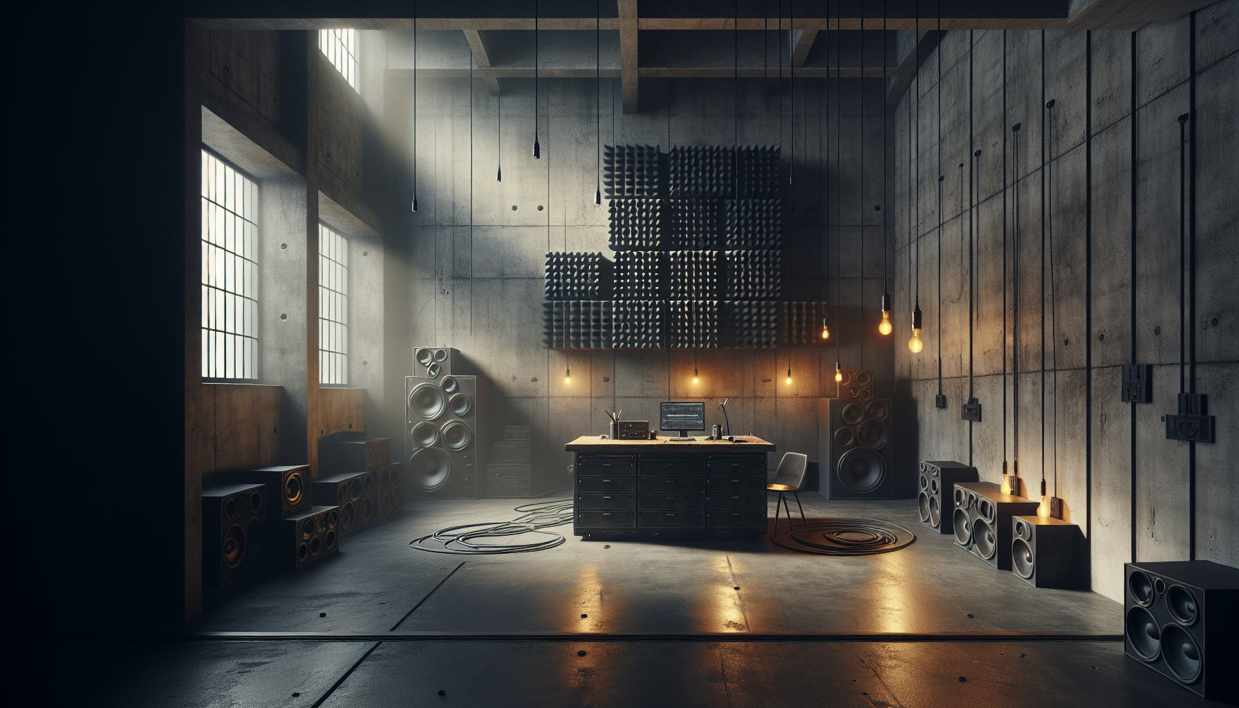 A retro-industrial garage transformed into a minimalist empire-building workspace. The space feels like the crossroads of past and future — the kind of environment where a self-made founder forges ideas late at night. The room is wide, dim, and intimate, with textured concrete walls showing subtle cracks and scars, symbolizing past struggle. Dusty beams of late-afternoon light pour in from a single high window, illuminating floating dust like golden embers rising from ashes.

The garage has a stripped-down aesthetic: no clutter, no excess — just cold metal, black cables, warm bulbs, and the hum of possibility. Acoustic foam panels line sections of the walls in dark charcoal grey, creating the feeling of a private bunker designed for focus. A retro fan turns slowly, barely moving the air.

A large, heavy wooden desk sits at the center like an altar to creation. On it are retro-tech elements: a white CRT monitor glowing softly, a mechanical keyboard with off-white caps, old cassette tapes stacked beside sleek modern notebooks. A 90s radio plays quietly in the background. The entire setup mixes analog nostalgia with modern minimalism.

Persian soul is woven subtly into the environment: a worn Persian rug under the desk, a faded motif inspired by Persepolis carved into the back wall, and brass details reminiscent of old Iranian craftsmanship — everything understated, nothing ornamental.

Tools of the trade are arranged neatly: white cables, a white minimalist PC tower with soft internal light, a vintage desk lamp with a brass neck, and a cork board pinned with sketches of brand diagrams, empire plans, and product concepts. On one wall, a metal shelf holds books on philosophy, business, psychology, and mythology — spines aged and sun-bleached.

The air feels heavy with focus and ambition; this garage is not a workspace but a forge — a place where a young founder rebuilds himself and his empire from scratch. The mood is intimate, gritty, and quietly powerful, blending retro warmth with the hunger for the future.