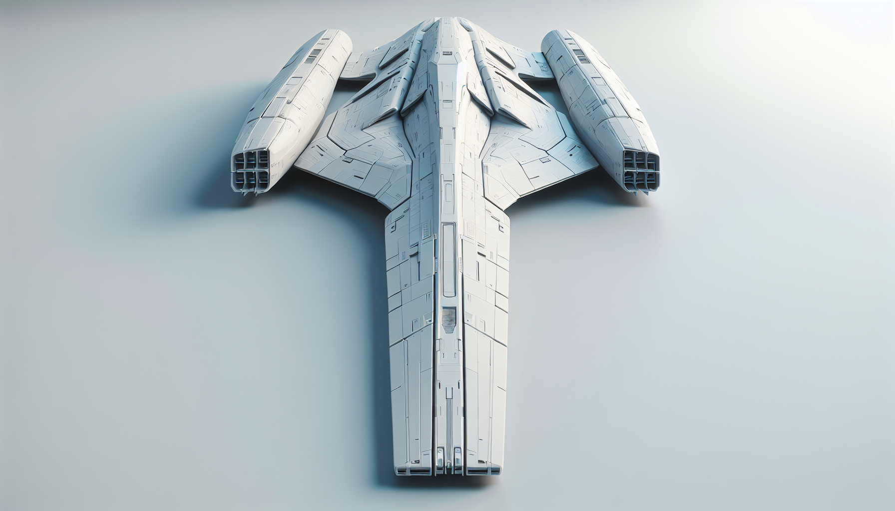 space ship, white, sleek, long, extension in the back, massive pylons at the back, slightly wider bow, geometrical, symmetrical