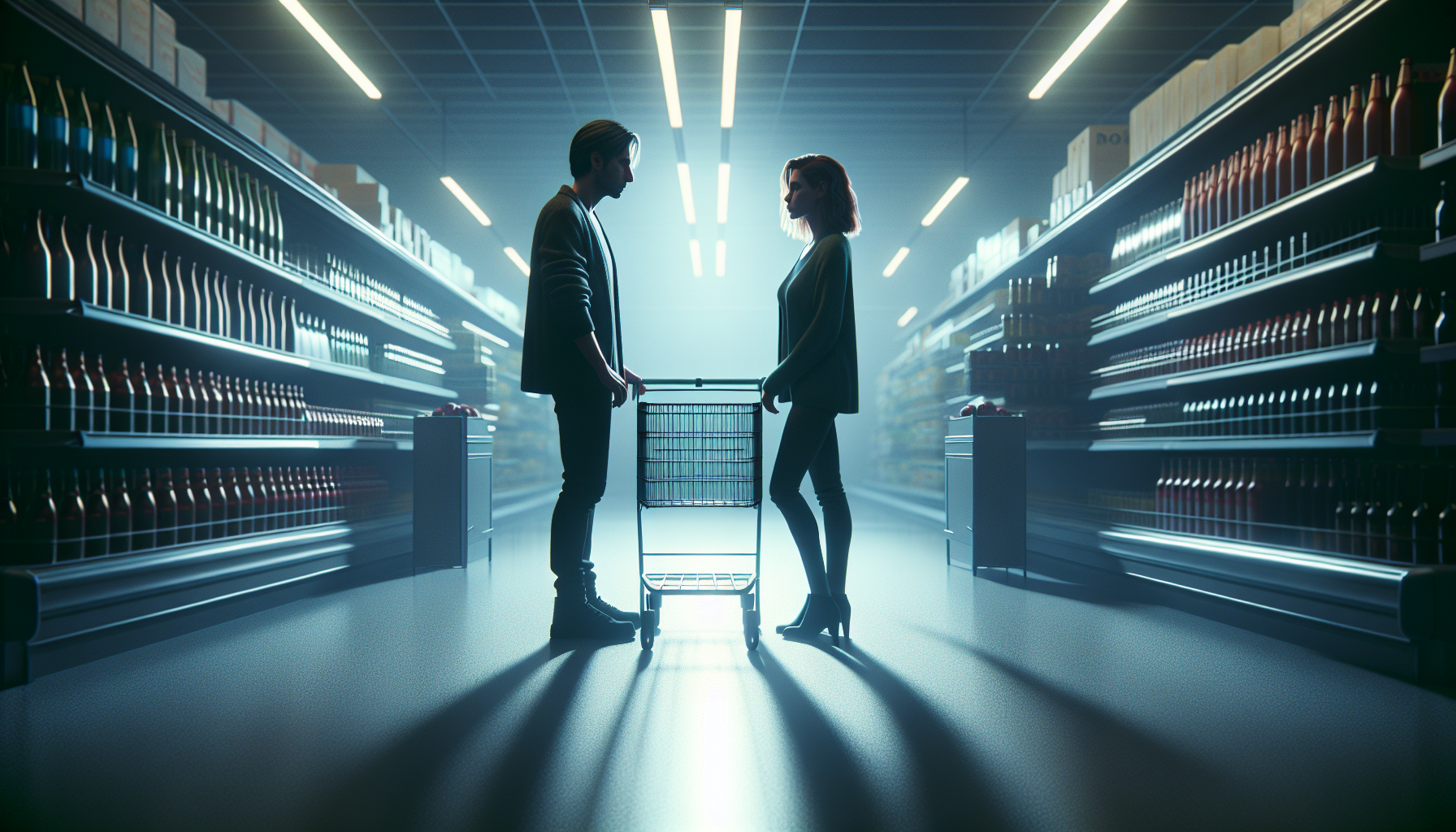 a dramatic, emotional moment between two people in a grocery store aisle at night, soft ambient lighting, cinematic shadows, depth of field, photo-realistic style, subtle tension, empty store, one shopping cart between them, vertical composition