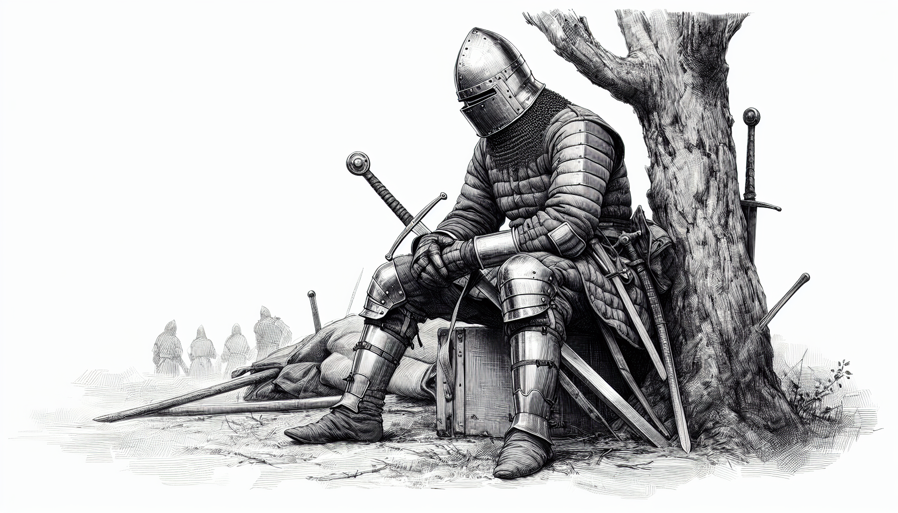 Soldado medieval vestido con una armadura liguera y un casco que no cubre su cara descansando apoyado a un arbol con su arma entre brazos y piernas 