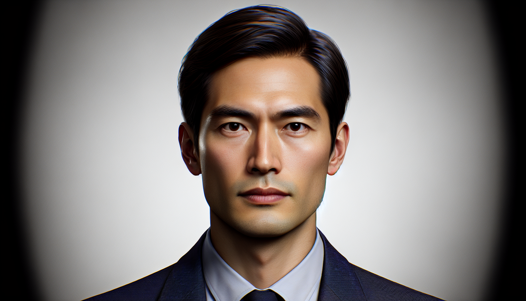 Мужчина 40–50 лет, азиатские черты лица, короткие тёмные волосы, аккуратно уложенные. Овальное лицо, спокойный уверенный взгляд, слегка приподнятые брови, прямой нос, ровные губы. Чисто выбрит. Костюм тёмно-синий, белая рубашка, строгий тёмный галстук. Освещение мягкое, нейтральное. Стиль реалистичный, высокая детализация, естественные тона кожи