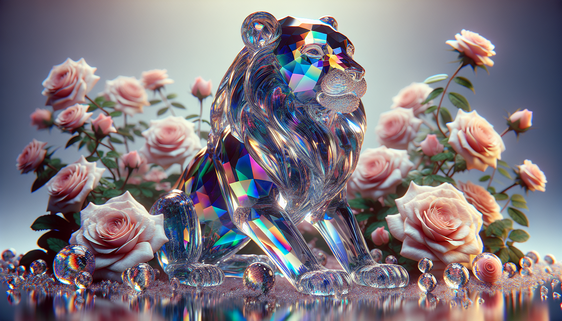 A small lion cub made of transparent glass-like material, reflecting rainbow highlights. Dewdrops on its body, roses around it. Ultra-detailed, magical realism, cinematic fantasy photograph.
