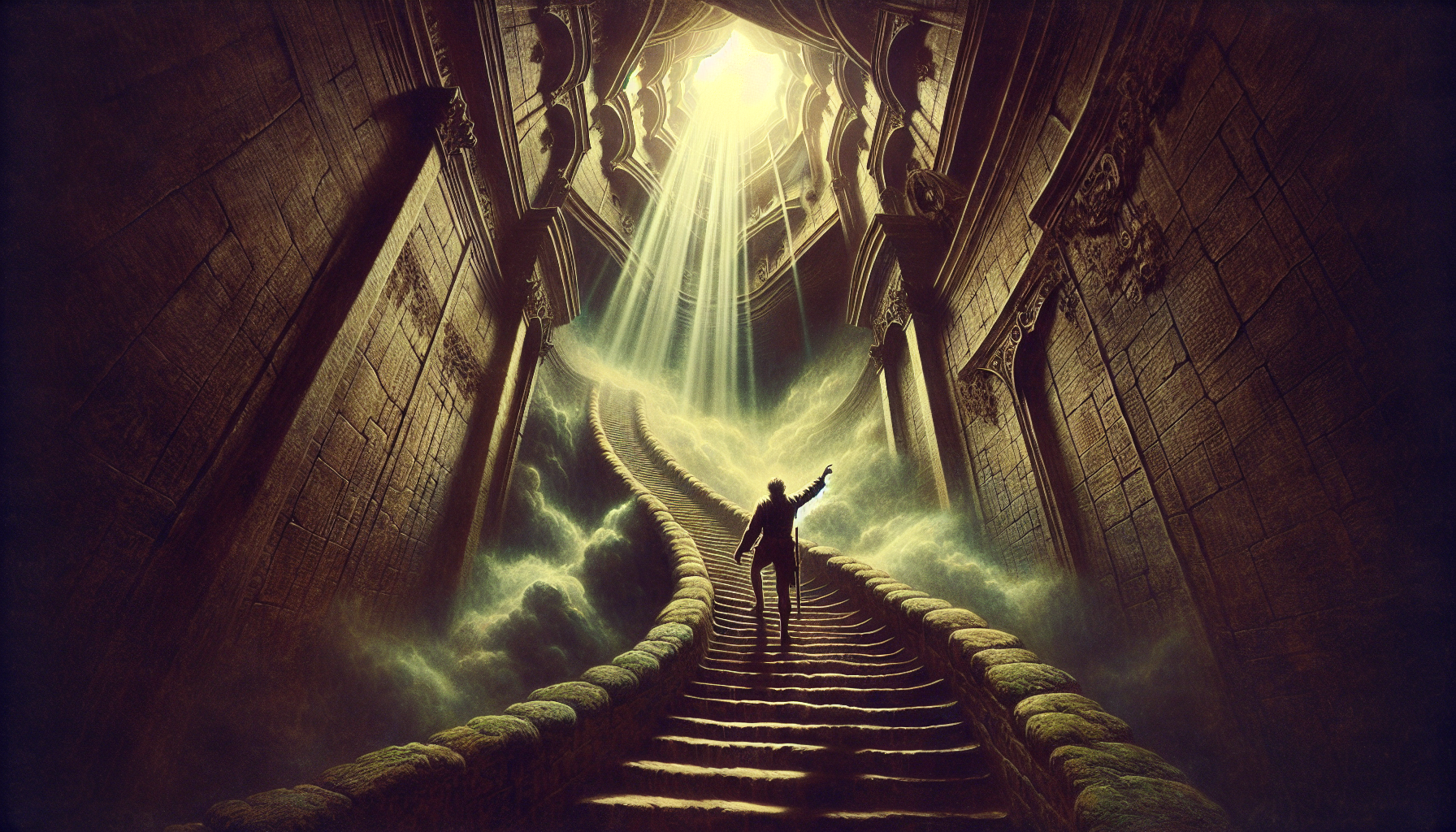 Epic vintage engraving masterpiece in the style of Gustave Doré's most ambitious works, dramatic low angle perspective from below looking upward, solitary figure in heroic silhouette climbing narrow spiral stone staircase that winds impossibly upward emerging from thick swirling fog and mist below, reaching toward radiant illuminated plateau above bathed in divine light, figure with arm extended upward touching cascading rays of ethereal light, face turned upward in three-quarter profile view showing expression of exhausted determination and spiritual yearning, weathered hands gripping worn stone bannister, woodcut and etching style, pure black and white with no grey tones, masterful intricate cross-hatching and fine parallel line work creating rich tonal depth, vertiginous dizzying perspective emphasizing impossible height and perilous ascent, claustrophobic ancient stone walls with baroque architectural details opening dramatically into expansive celestial space above, dense volumetric fog obscuring infinite depths below creating sense of danger and mystery, worn medieval stone steps with age-old cracks and weathering, small resilient plants and moss growing in crevices symbolizing perseverance, dramatic chiaroscuro lighting with deep shadows in lower sections contrasting brilliant breakthrough of light above, god rays penetrating through atmospheric haze, baroque romantic period illustration technique, sense of metaphorical journey from darkness into enlightenment, figure's posture showing physical exhaustion but spiritual triumph, tattered garments moving with upward draft, birds spiraling in distant background, 19th century editorial illustration for Pilgrim's Progress or Divine Comedy, detailed pen and ink engraving technique reminiscent of classical book illustrations, philosophical contemplation of self-transformation, texture of ancient weathered stone rendered with directional hatching, spiral geometry creating dynamic visual flow, editorial illustration aesthetic suitable for literary classics, metaphor for personal growth and ascension, sense of overcoming insurmountable odds, vertical portrait composition optimized for 3:4 ratio, museum quality vintage illustration with ornate detail density, high definition linework showing every stone texture and atmospheric effect