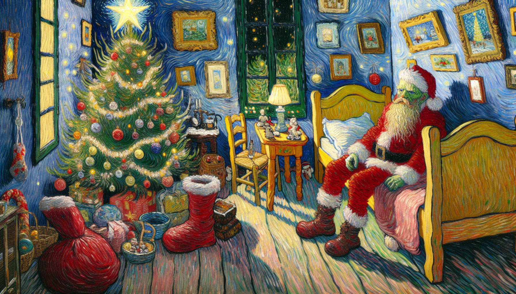 Conoces la obra de Van Gogh llamada "El Dormitorio", pues conviértela en algo navideño, en donde está la silla puedes poner ahí a papá Noel, un árbol de navidad en una esquina, cosas así relacionadas con la navidad 