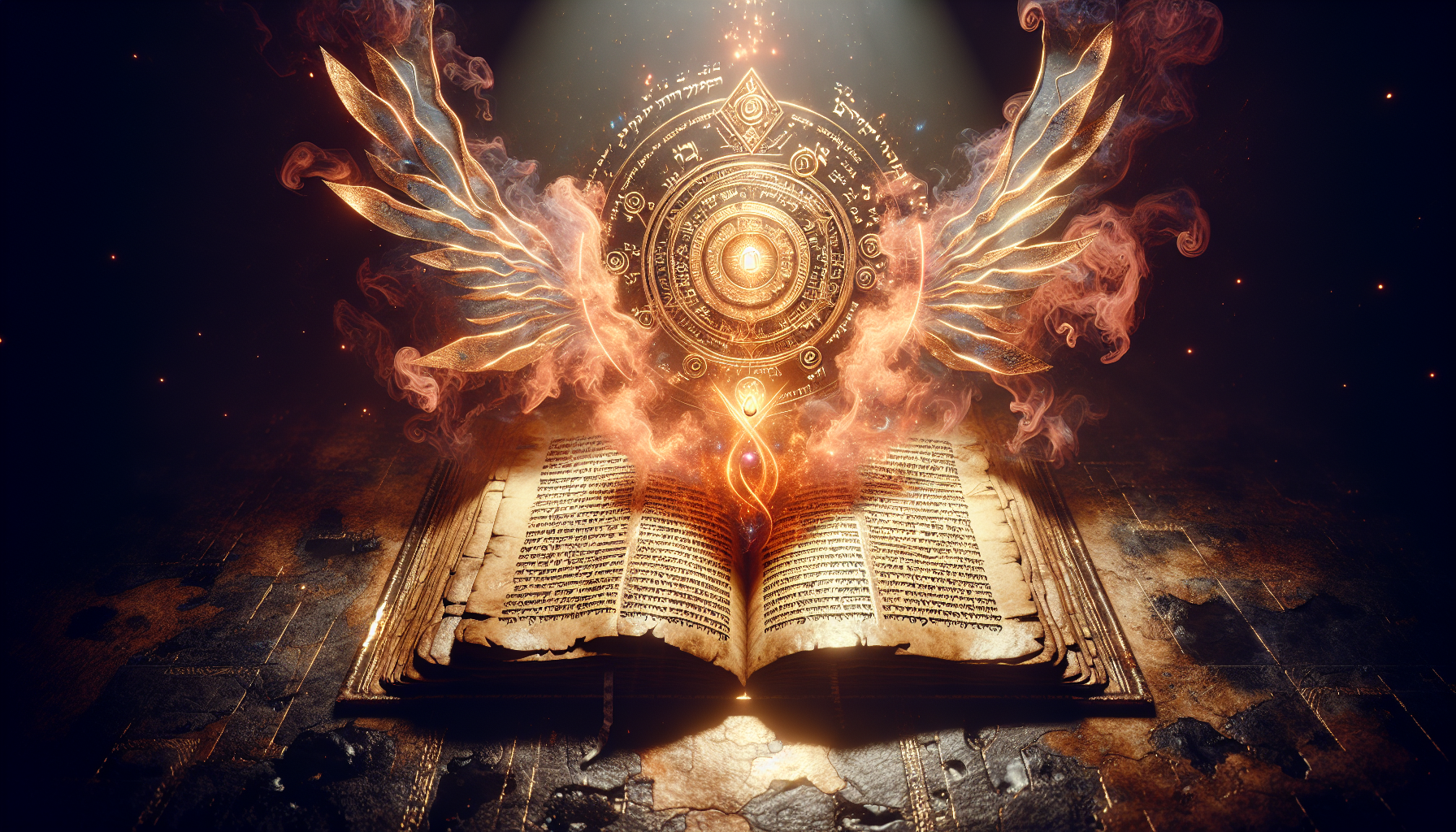 Dark sacred aesthetic. An ancient illuminated manuscript partially opened, glowing with golden divine light. Faded Hebrew and Aramaic inscriptions on old parchment. Dramatic shadows surrounding the scene. A celestial wing faintly visible behind the manuscript, made of light and smoke. A subtle halo of divine radiance emerging from the pages. Background with deep blacks, dark crimson tones, and mystical fog. Elegant gold accents. Epic, cinematic composition. Center area kept clean for text. 4K, ultra detailed, dramatic lighting, ancient mystical atmosphere.