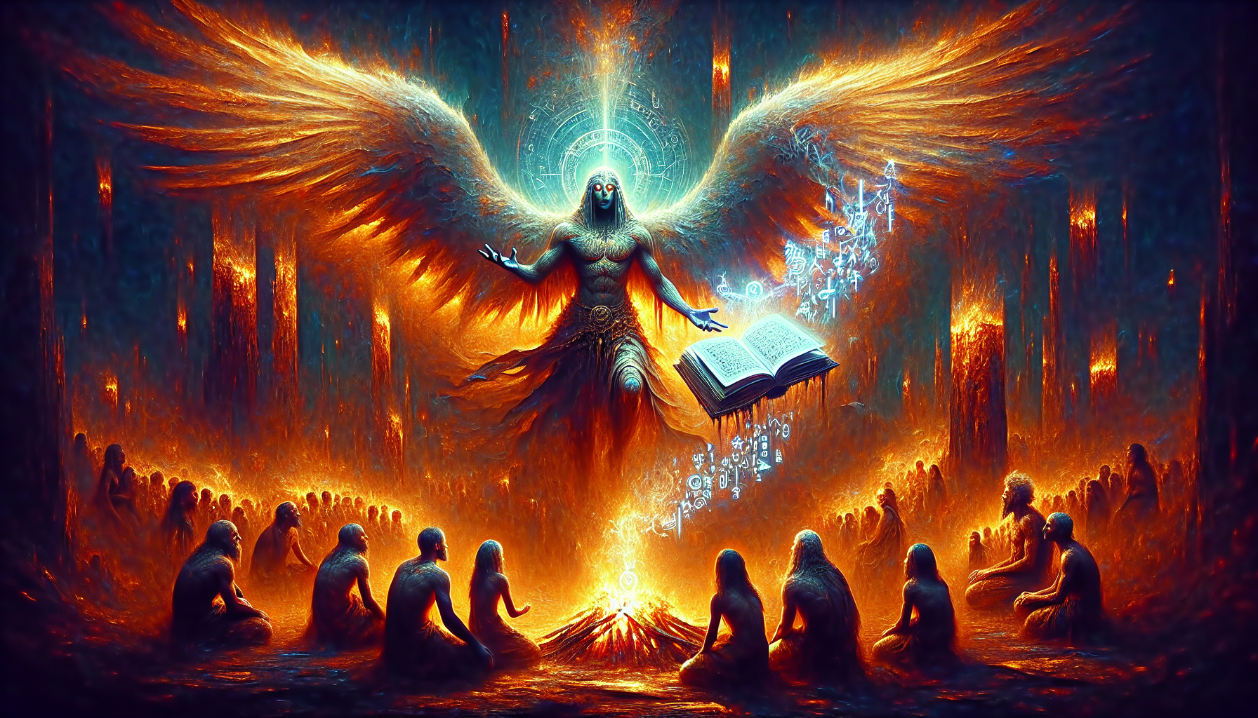 fallen angel teaching humans around a fire in ancient times, glowing forbidden book floating in the air, runic symbols emerging from the pages, humans amazed and fearful, dark mystical colors, dramatic lighting, supernatural energy”