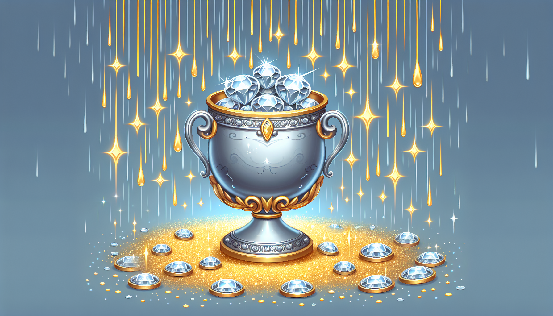 Por favor realiza lluvia suave de color plateado con una copa grande bonita  plateada con piedras preciosas brillantes y en el piso mucho oro que brille con color plateado 