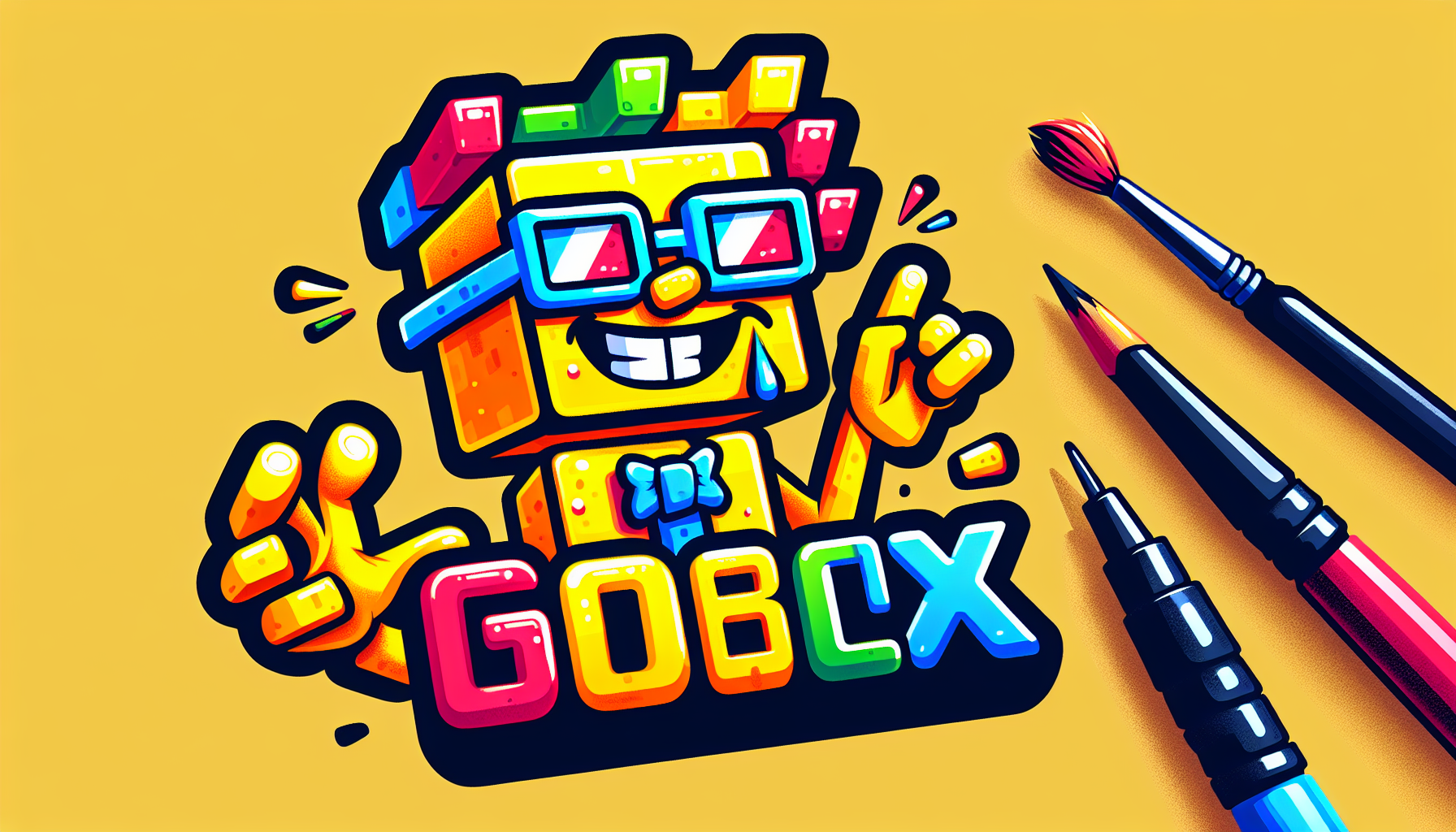 Create a vibrant and goofy Roblox-style character logo for a YouTube channel called ‘GoofBlox’. Include a silly yellow Roblox noob with a derpy smile, slightly crooked sunglasses, and a fun cartoon pose. Add bold, colorful bubble text that says ‘GoofBlox’. Make the style bright, playful, and perfect for a YouTube profile picture.”