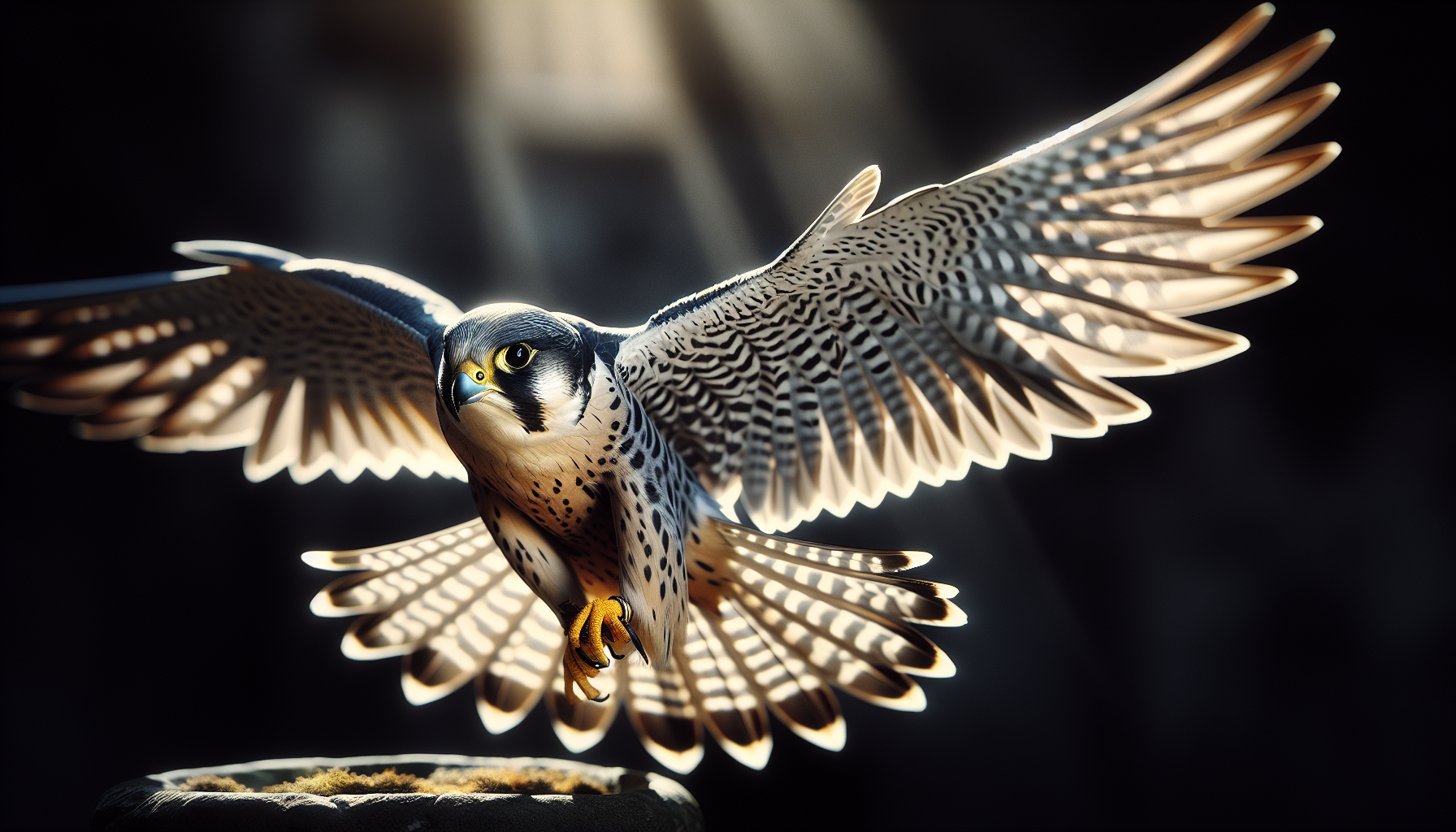 "Ultra-realistic photograph of a peregrine falcon in mid-flight, captured at high speed, with detailed feathers, sharp eyes, dramatic natural sunlight, shallow depth of field, 8K resolution, cinematic mood, hyper-detailed textures, National Geographic style.