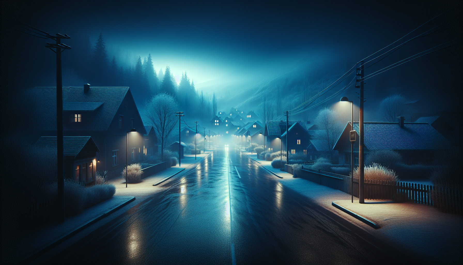 dreamy winter street at night, deep blue fog, glowing street lamps, quiet empty houses, soft reflection on wet road, cinematic lofi lighting, ultra detailed, 4k, no people”

