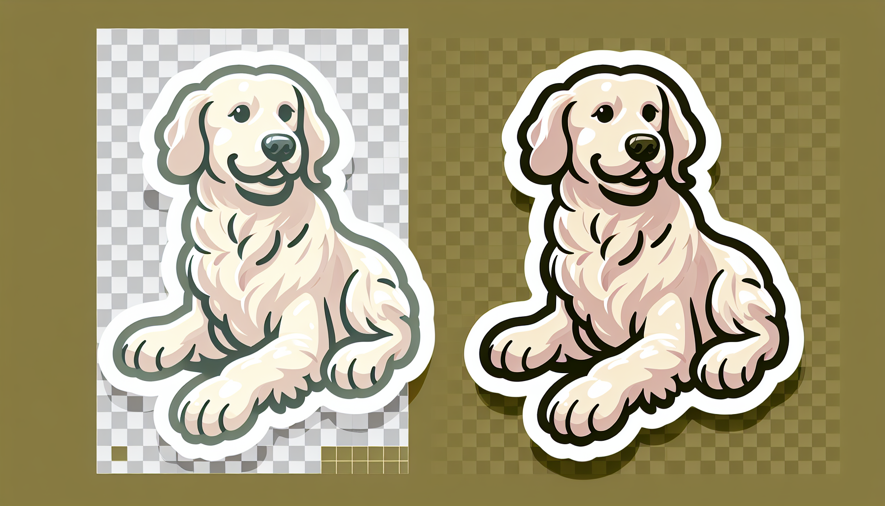 süßer Golden Retriever als Sticker-Illustration, klare weiche Umrandung, vereinfachte Formen, pastellfarben, beige-grün PfotenKompass-Palette, weißer Sticker-Rand, ohne Schatten, ohne Text, hoher Detail-clean-look, freundlich & vertrauensvoll, transparenter Hintergrund
