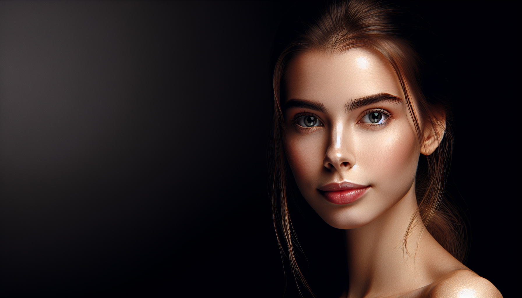 A professional studio portrait of a female model against a solid black background. Soft directional lighting to highlight facial contours, with subtle rim light separating the model from the background. High contrast, sharp details, natural skin texture, and strong focus on the eyes. Minimalistic composition with a clean, dramatic look.”