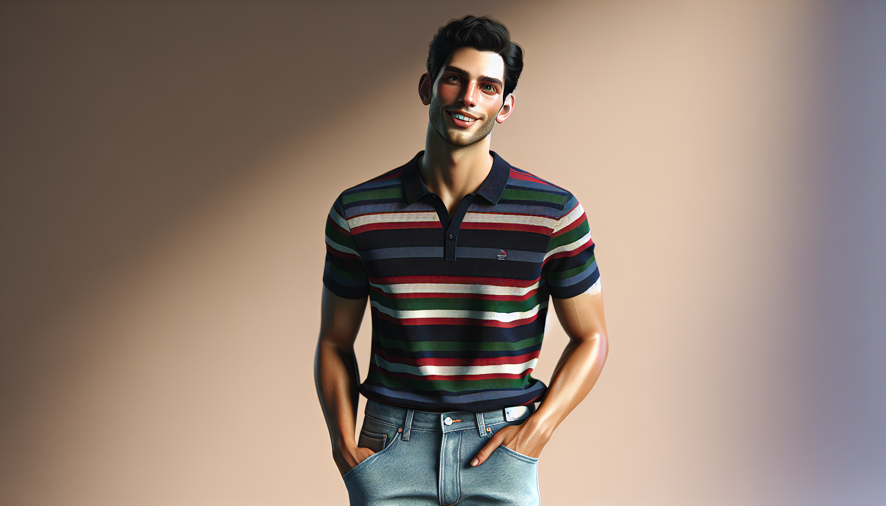 Ultra realistic full body studio photoshoot of a young Middle Eastern male, light skin tone, short black hair, friendly confident smile. Wearing casual outfit: striped short sleeve shirt dark red and green with logo, denim shorts, white sneakers. Realistic fabric, soft cinematic studio lighting, natural shadows, commercial fashion photography style, 85mm lens, 8K highly detailed, perfect skin texture.
