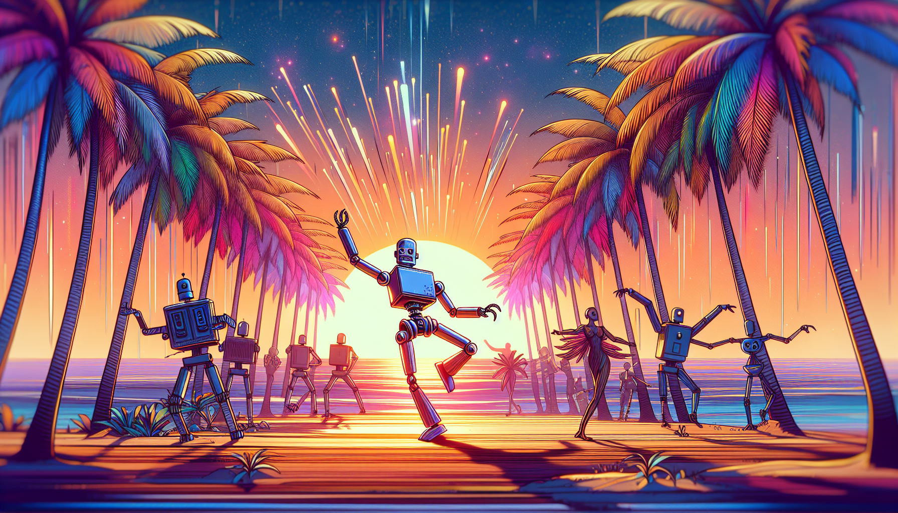 "An image of a dancing robot on a beach during sunset, with palm trees in the background and a party atmosphere."