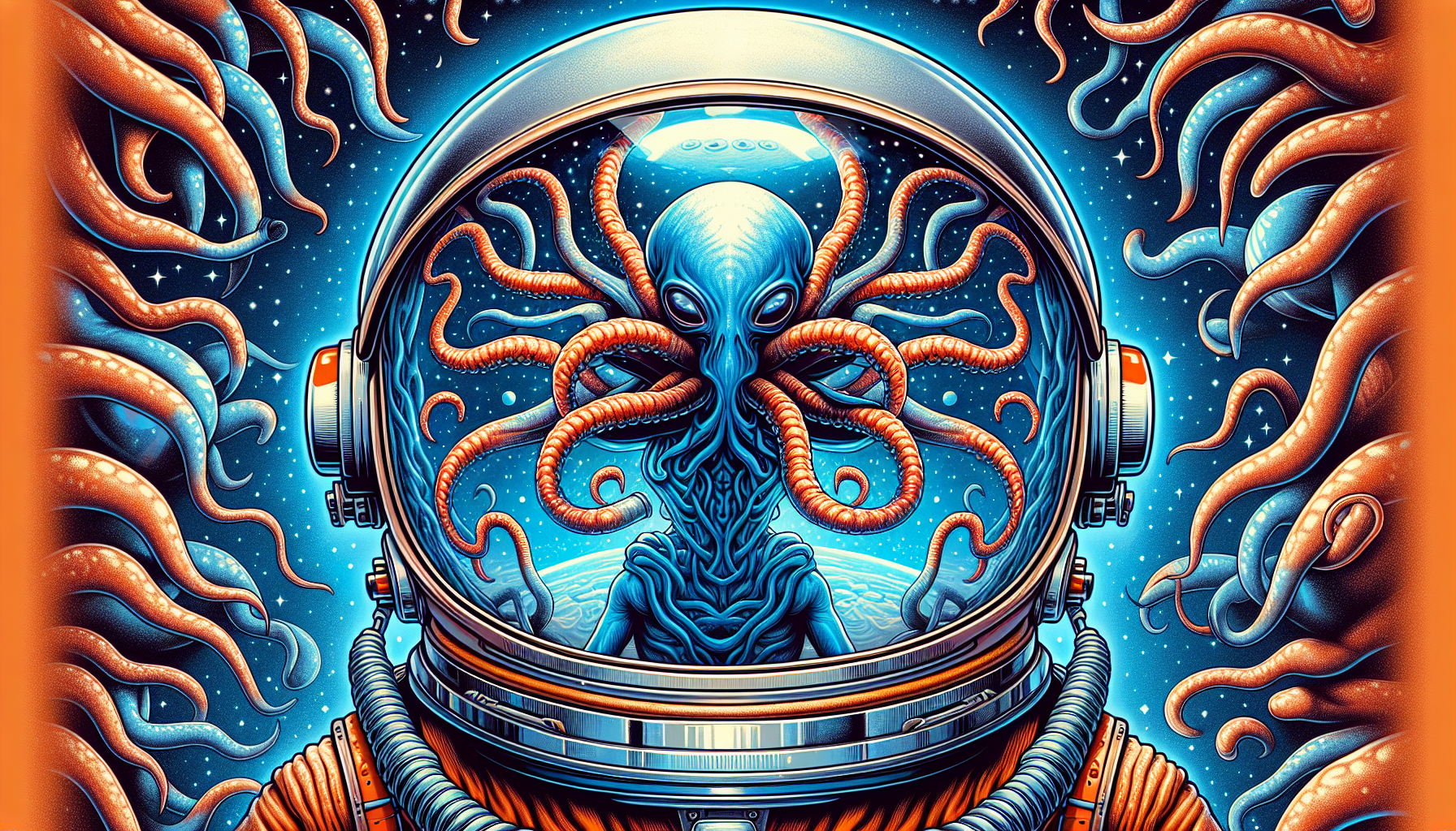 The artwork depicts a reflection visible through an astronaut's helmet, which covers the whole screen, showcasing an alien figure or entity that stands out against a cosmic backdrop. The alien is blue and orange, has a humanoid form with multiple fluid tentacle-like appendages. The reflection creates a blend of the alien's environment and the vastness of space, emphasizing themes of exploration and the unknown. The overall composition evokes a sense of wonder and curiosity about life beyond our planet.

