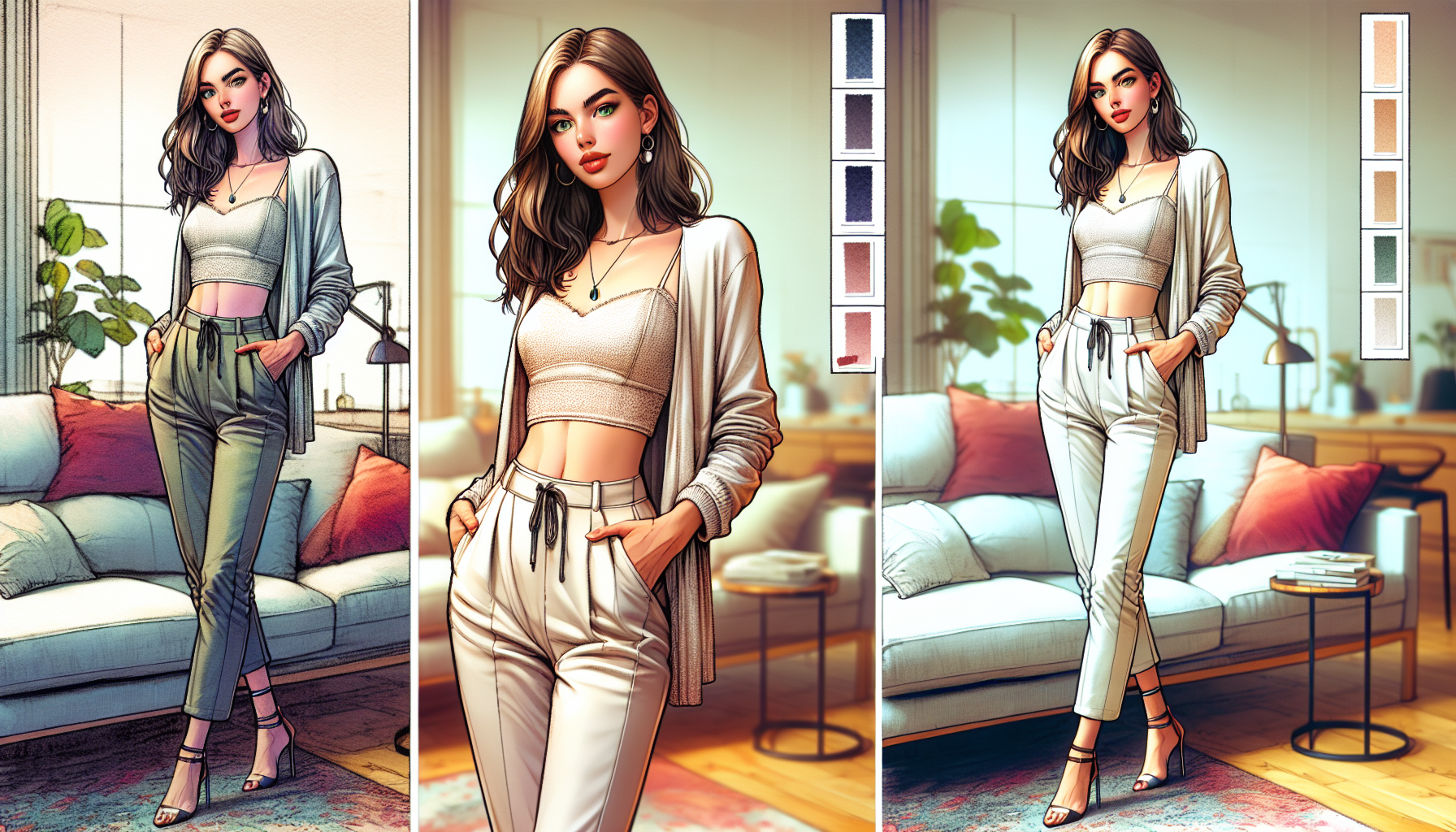 26-year-old Europe girl character, naturally beautiful, slim build with modest upper-body proportions, green eyes, full-body 3D render, standing pose, modern 3D home interior, wearing stylish fitted clothing and high heels, outfit in a randomly chosen color, sexy