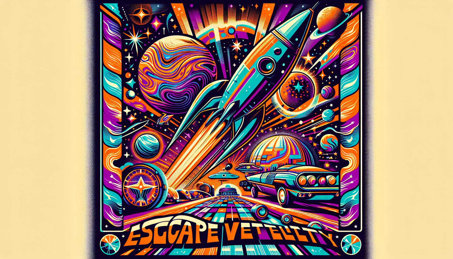 retro 60's groovy poster for a sci fi movie titled "Escape Velocity"