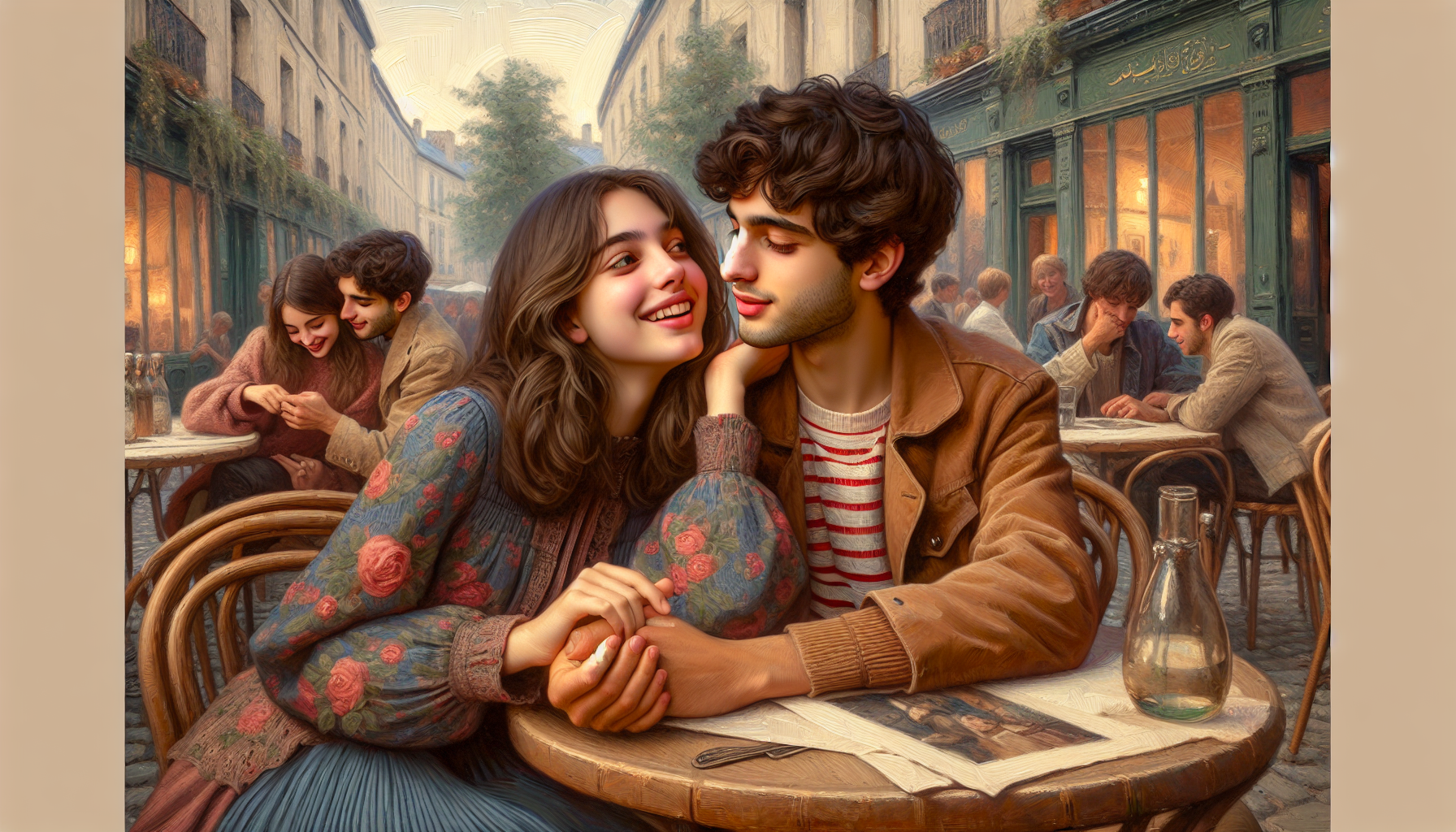 Generate a single image of a young couple (boy and girl) in love, capturing a romantic relationship moment. Each image must be unique: characters, outfits, backgrounds, lighting, moods, and emotions should differ. Show a variety of romantic interactions: holding hands, laughing, playful gestures, intimate gazes, cozy hugs, or quiet moments. Style: highly detailed, realistic oil painting with expressive brush strokes, rich textures, and vibrant colors. Each scene should feel cinematic and emotional, set in diverse locations such as parks, beaches, city streets, cozy rooms, cafes, or nature landscapes. Ensure the couple’s appearance, fashion, and expression vary in each image. Focus on authentic feelings of love, joy, intimacy, connection, and warmth. Each image should stand alone as a visually compelling romantic scene."