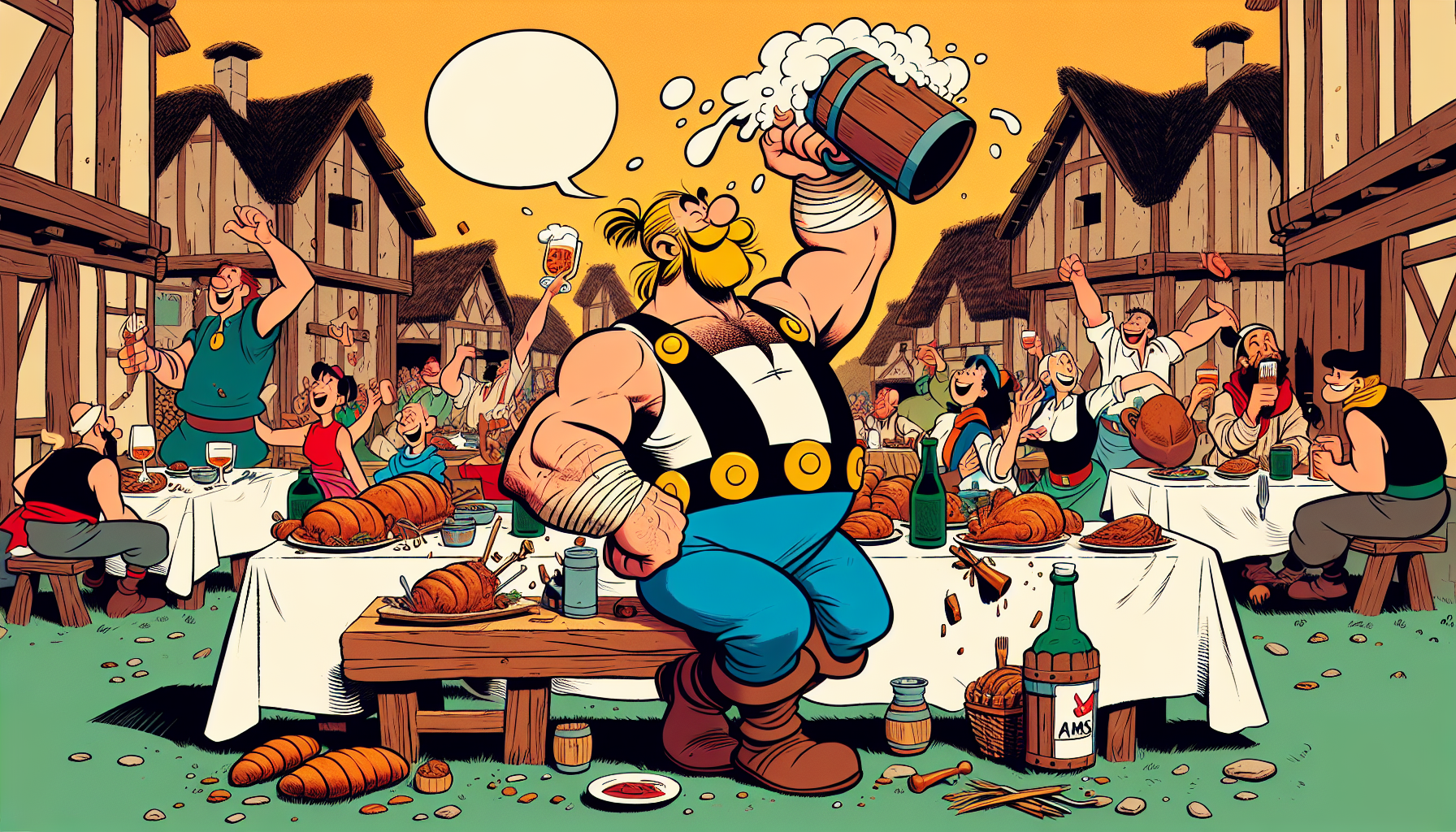 Kurzkonzept

    Setting: Gallisches Dorf à la Asterix, Festtafel auf einer Wiese; Hütten, Palisaden, Bäume, Berge im Hintergrund.
    Protagonist: groß, kräftig, lange Haare im Dutt, heroische Pose auf einer Bank oder Tafel, linker Arm in die Hüfte gestemmt, rechter Arm hält einen Schaumkrug in die Höhe.
    Story-Element: „AMS“ als Comic‑Schriftzug, sichtbar zerrissen/gespalten neben ihm oder in einer Sprechblase („Seit Jahren widersteht er dem AMS!“), optional als zerrissenes Schild.
    Freunde im Hintergrund: gemischte Gruppe (Frauen/Männer), feiern, stoßen an, verspeisen Bier und Schnitzel; Stimmung ausgelassen.
    Essen/Props: Holztafeln mit Schnitzel, Brot, Kartoffeln, ein Braten/Truthahn, Senf/Ketchup, Krüge/Flaschen.
    Stil: klare Outlines, warme, etwas entsättigte Farben, cartoony Proportionen, Humor und Dynamik – „Asterix“ Look ohne direkte Kopie spezifischer Figuren.


Visuelle Details (aus deinen Fotos abgeleitet)

    Kleidung Freunde: Mix aus Hoodies, Jacken, Caps/Mützen, lässige Freizeitkleidung; bei Gallischem Stil: in erdige Tuniken/Hemden übertragen, aber moderne Details dezent beibehalten (z. B. Kapuzen angedeutet, Mütze als gallische Kappe).
    Face‑Ähnlichkeit: runde/ovale Gesichtsformen, unterschiedliche Frisuren; nur grobe, sympathische Ähnlichkeit – keine realistische Porträtgenauigkeit.
    Location‑Anmutung: See/Alpenhintergrund möglich, aber im Comicstil; Holzsteg/Grill kann dezent im Hintergrund auftauchen.
