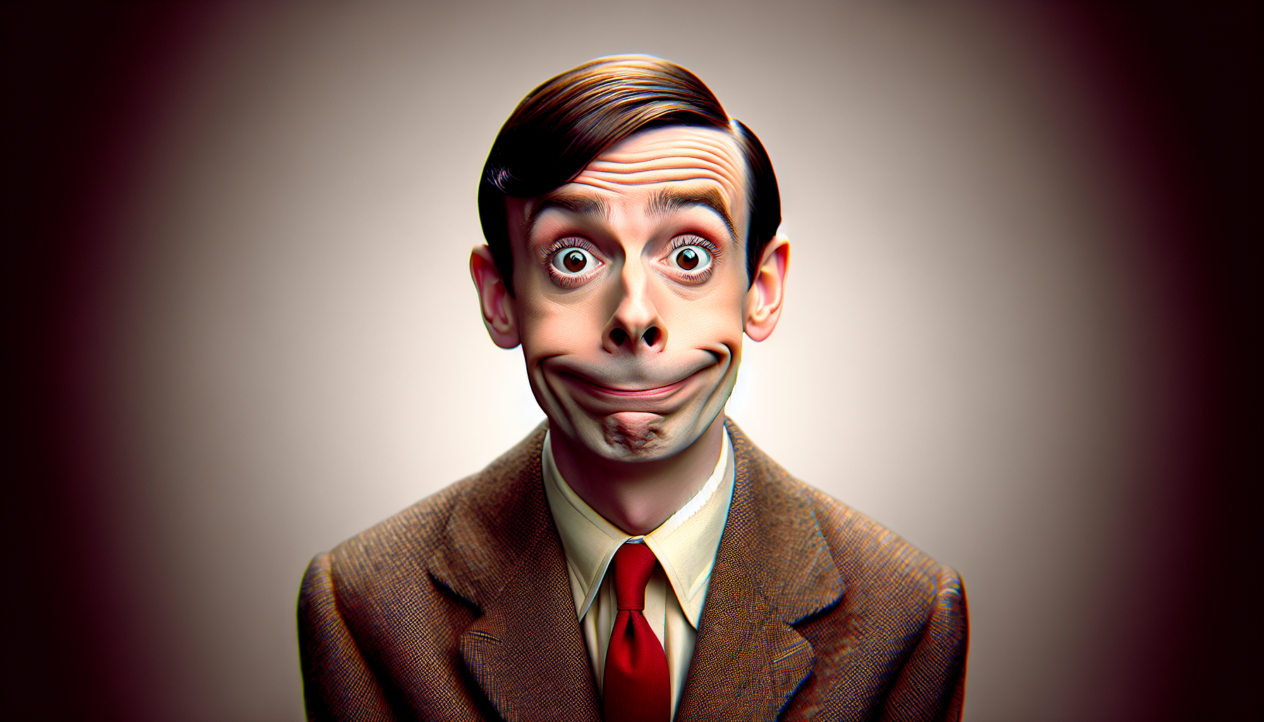 A humorous photo of a man who strongly resembles a classic British slapstick comedian: thin face, large expressive eyes, raised eyebrows, slightly goofy smile, wearing a brown tweed suit, white shirt, and red tie. The man is making a confused, funny expression as if he is surprised the webpage is missing. Clean studio lighting, high-resolution, family-friendly comedy style.