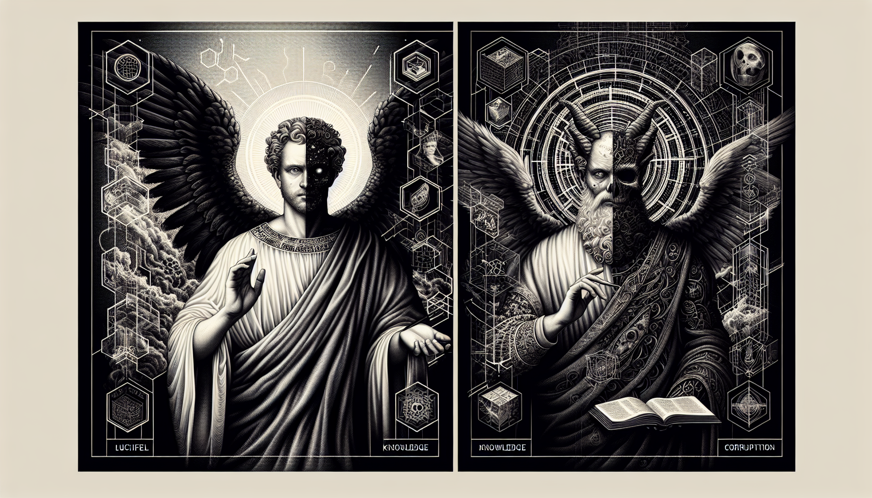 Split composition showing two different fallen angels, Lucifer with pride and beauty on left, Azazel with knowledge and corruption on right, contrasting visual styles, symbolic diptych, Renaissance painting influence
