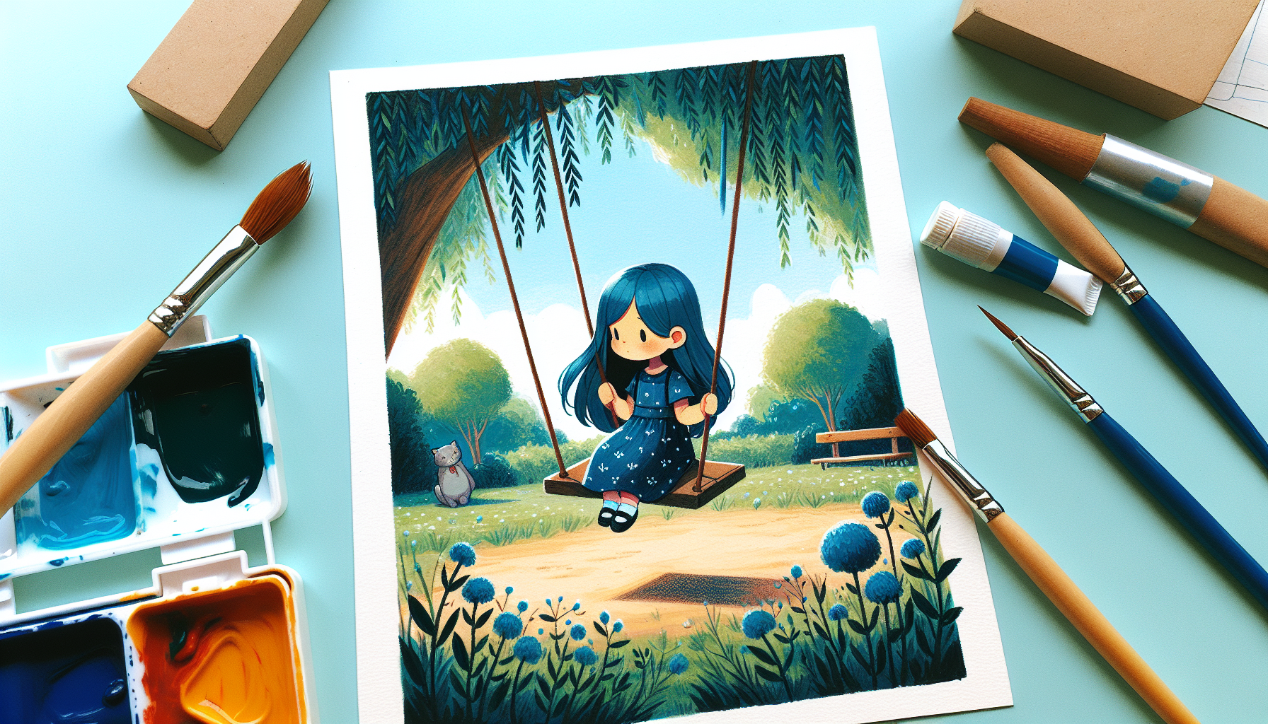 Génère moi une image d’une petite fille, assise sur une balançoire avec les cheveux longs et bleu