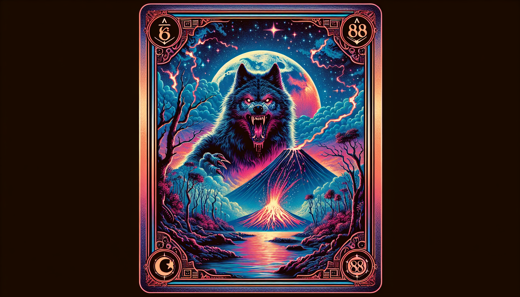 a card game with illustration of a werewolf, an erupting volcano in the background, starry night sky without moon. The border of the card is enlighted with copper electronic 