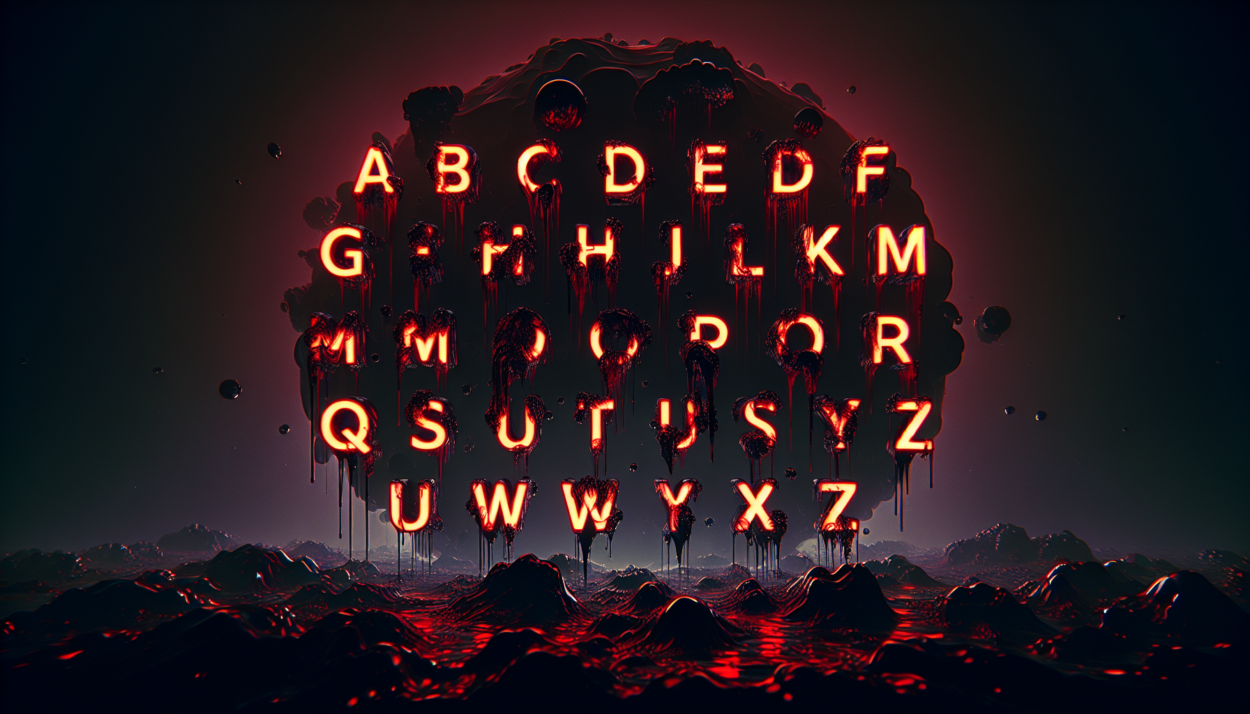 **prompt:** The alphabet from Stranger Things, floating in the dark Upside Down dimension. Each letter is glowing with a bright red neon light, but the glow is decaying and dripping with thick, black, oily drips and slime. The background is dark, misty, with floating particles. The style is cinematic, 80s retro, with film grain and a VHS tape distortion effect. Highly detailed, atmospheric horror.

**negatiive prompt:** (if supported) Clean, clear, bright, happy, cartoon, simple, text-only, no drips.