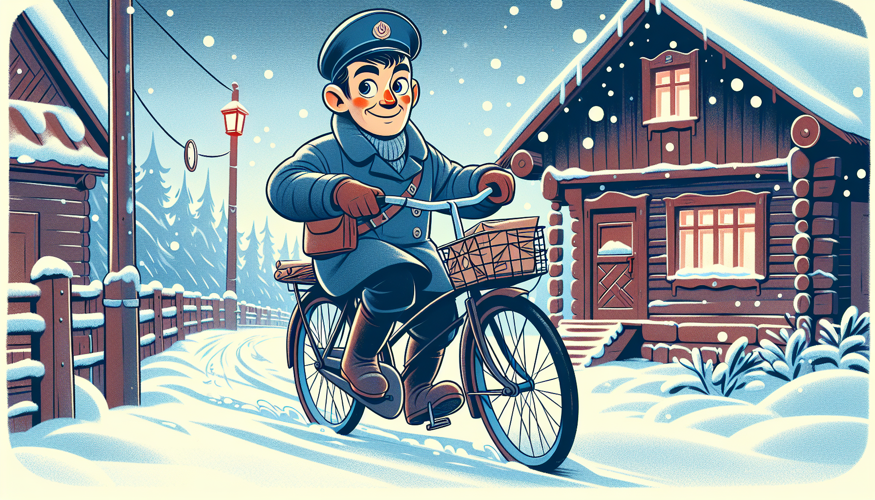 мультяшное изображение персонажа из Простоквашино - почтальона Печкина на велосипеде зимой 
